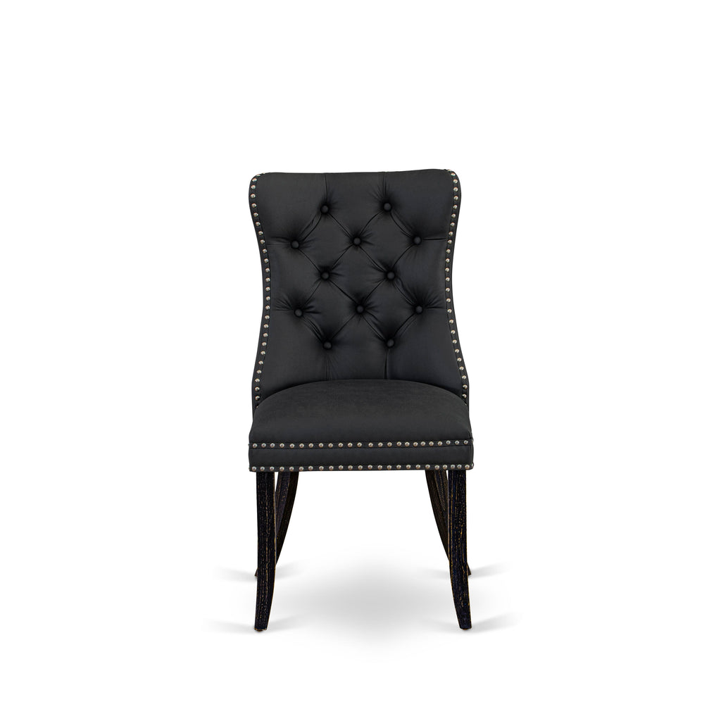 East West Furniture DAPFF12 Dallas Parson Dining Room Chairs - Button Tufted Nailhead Trim Dark Gray faux Leather Upholstered Chairs, Set of 2, Sand Blasted Black