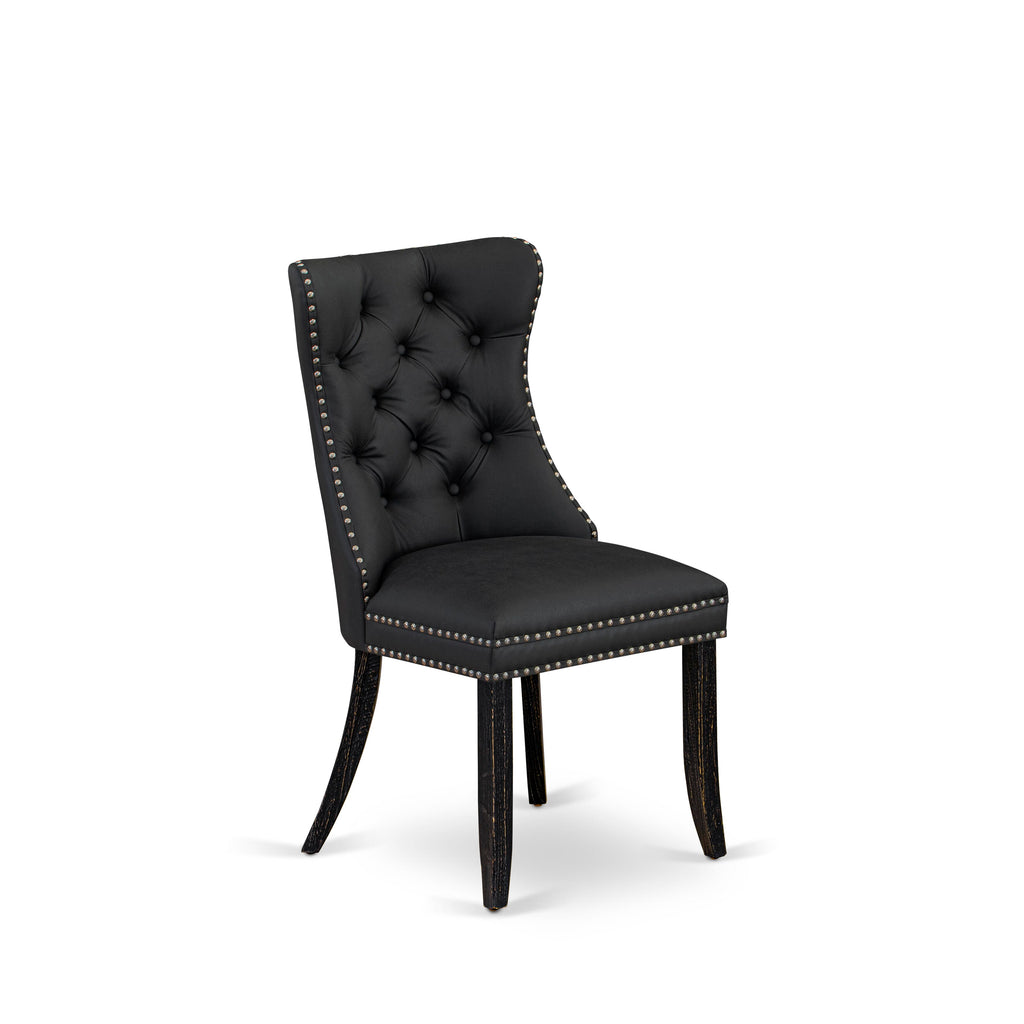 East West Furniture DAPFF12 Dallas Parson Dining Room Chairs - Button Tufted Nailhead Trim Dark Gray faux Leather Upholstered Chairs, Set of 2, Sand Blasted Black