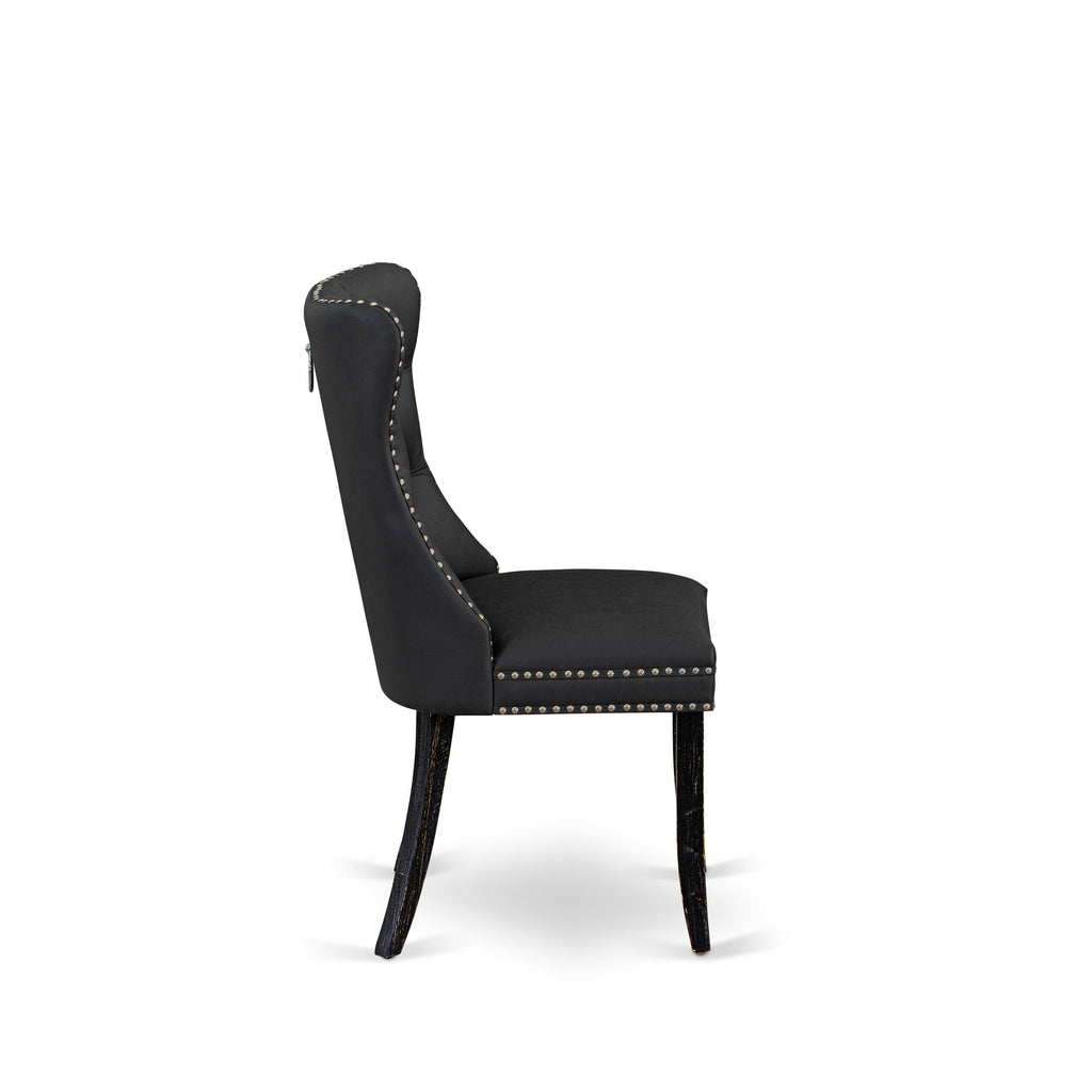 East West Furniture DAPFF12 Dallas Parson Dining Room Chairs - Button Tufted Nailhead Trim Dark Gray faux Leather Upholstered Chairs, Set of 2, Sand Blasted Black
