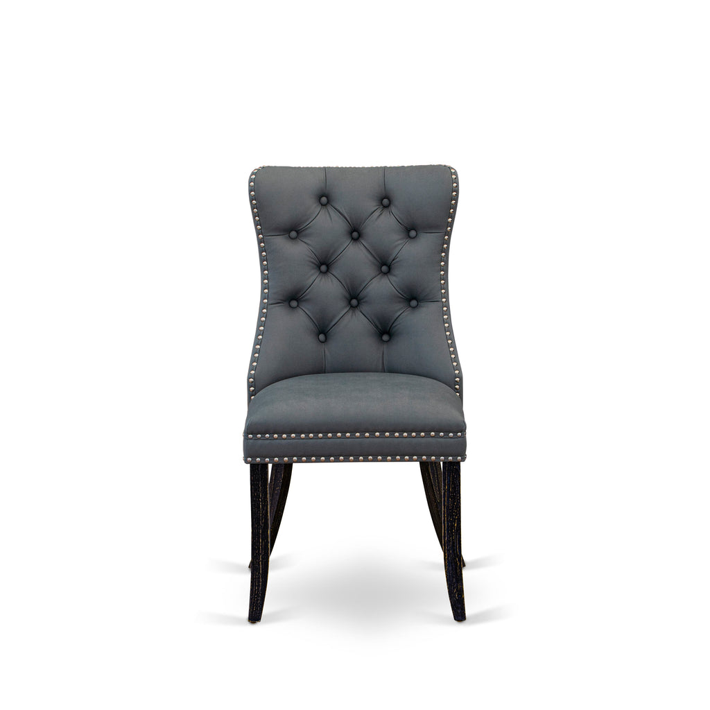 East West Furniture DAPFF13 Dallas Parson Chairs - Button Tufted Nailhead Trim Platinum Gray faux Leather Upholstered Dining Chairs, Set of 2, Sand Blasted Black