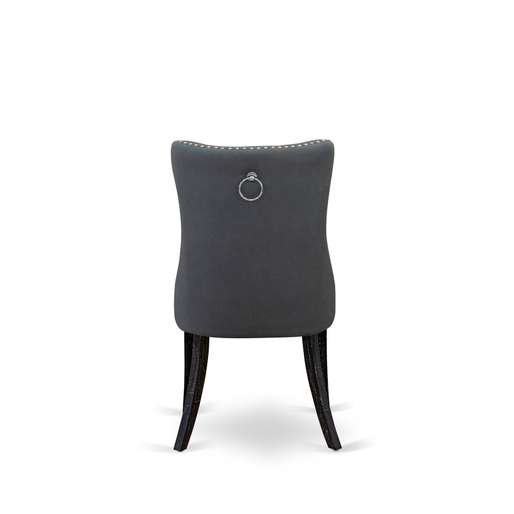 East West Furniture DAPFF13 Dallas Parson Chairs - Button Tufted Nailhead Trim Platinum Gray faux Leather Upholstered Dining Chairs, Set of 2, Sand Blasted Black