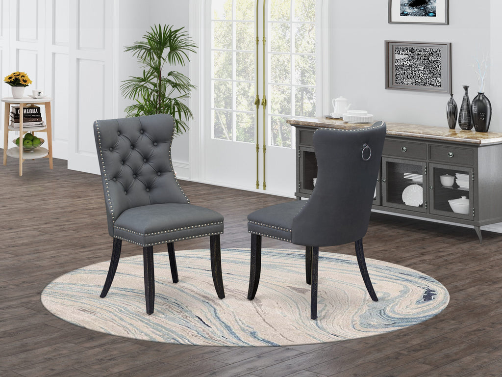 East West Furniture DAPFF13 Dallas Parson Chairs - Button Tufted Nailhead Trim Platinum Gray faux Leather Upholstered Dining Chairs, Set of 2, Sand Blasted Black