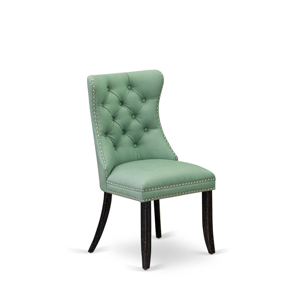 East West Furniture DAPFF22 Dallas Parson Chairs - Button Tufted Nailhead Trim Willow Green faux Leather Upholstered Dining Chairs, Set of 2, Sand Blasted Black