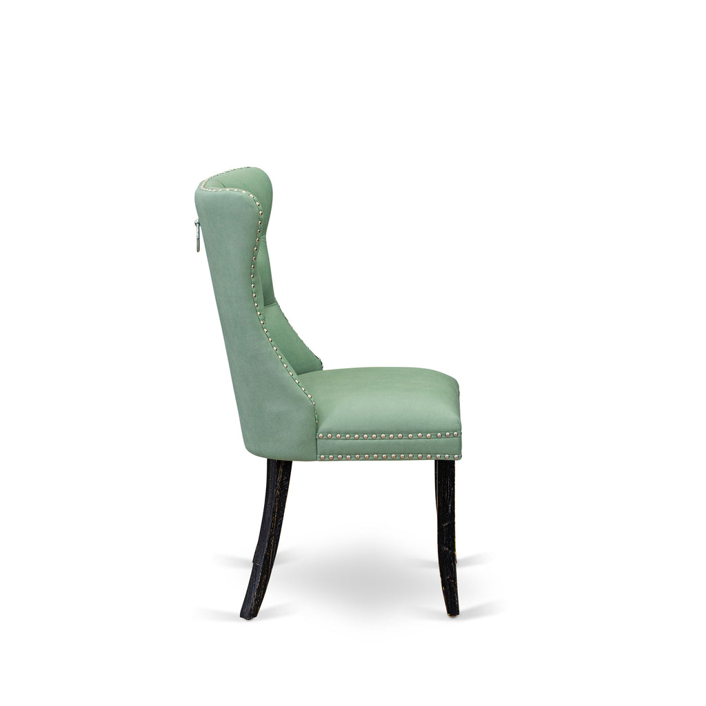 East West Furniture DAPFF22 Dallas Parson Chairs - Button Tufted Nailhead Trim Willow Green faux Leather Upholstered Dining Chairs, Set of 2, Sand Blasted Black