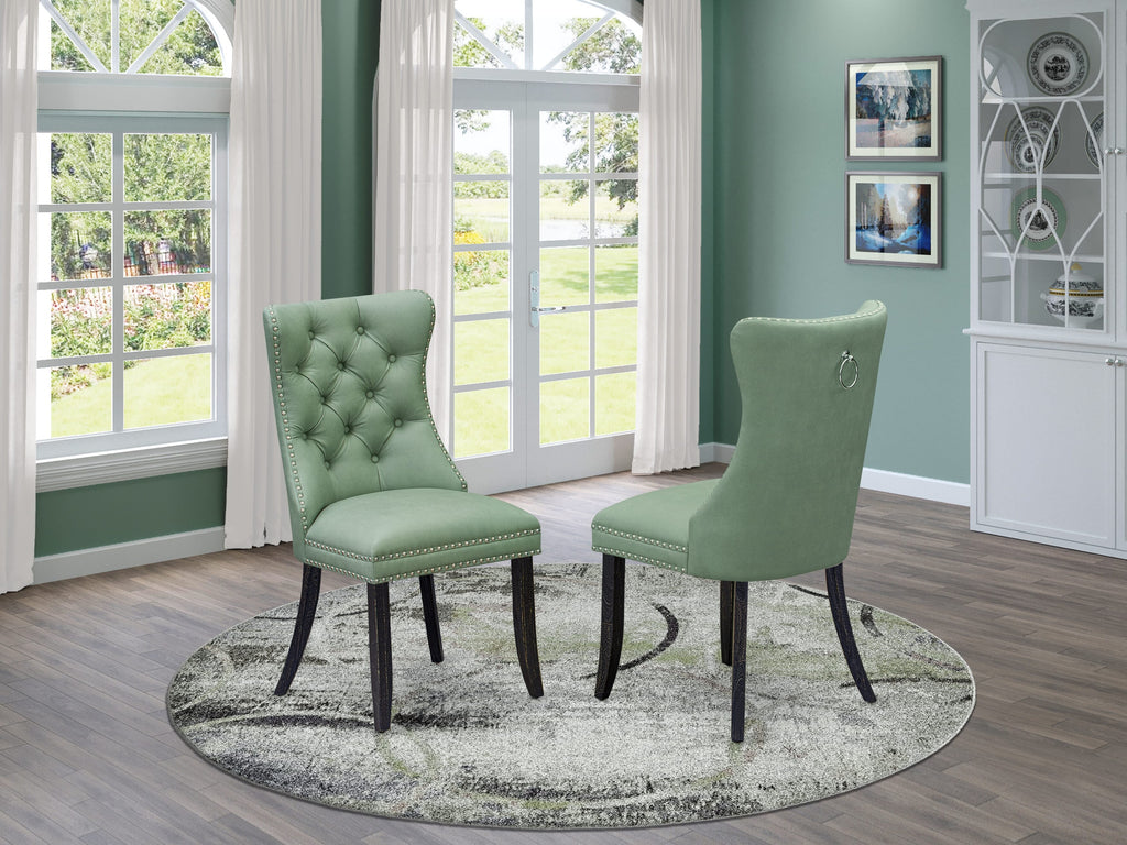 East West Furniture DAPFF22 Dallas Parson Chairs - Button Tufted Nailhead Trim Willow Green faux Leather Upholstered Dining Chairs, Set of 2, Sand Blasted Black