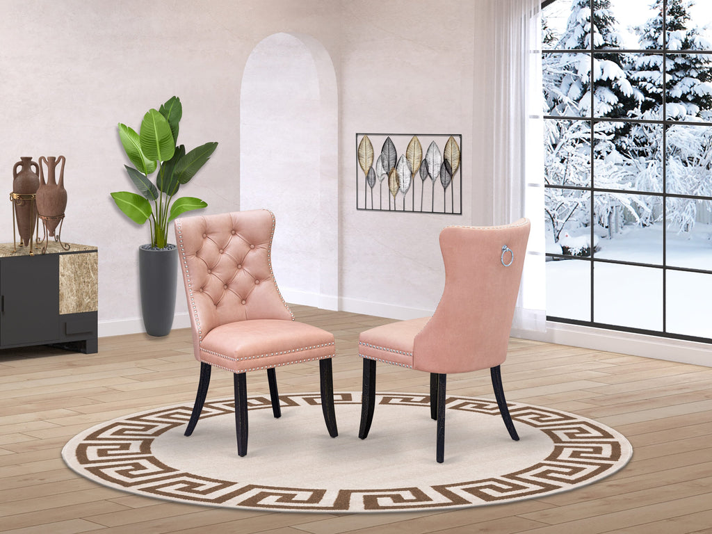 East West Furniture DAPFF23 Dallas Parson Dining Room Chairs - Button Tufted Nailhead Trim Beige Red faux Leather Upholstered Chairs, Set of 2, Sand Blasted Black