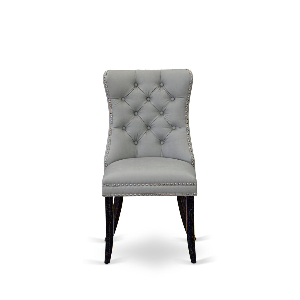 East West Furniture DAPFF27 Dallas Parson Kitchen Chairs - Button Tufted Nailhead Trim Light Gray faux Leather Upholstered Dining Chairs, Set of 2, Sand Blasted Black