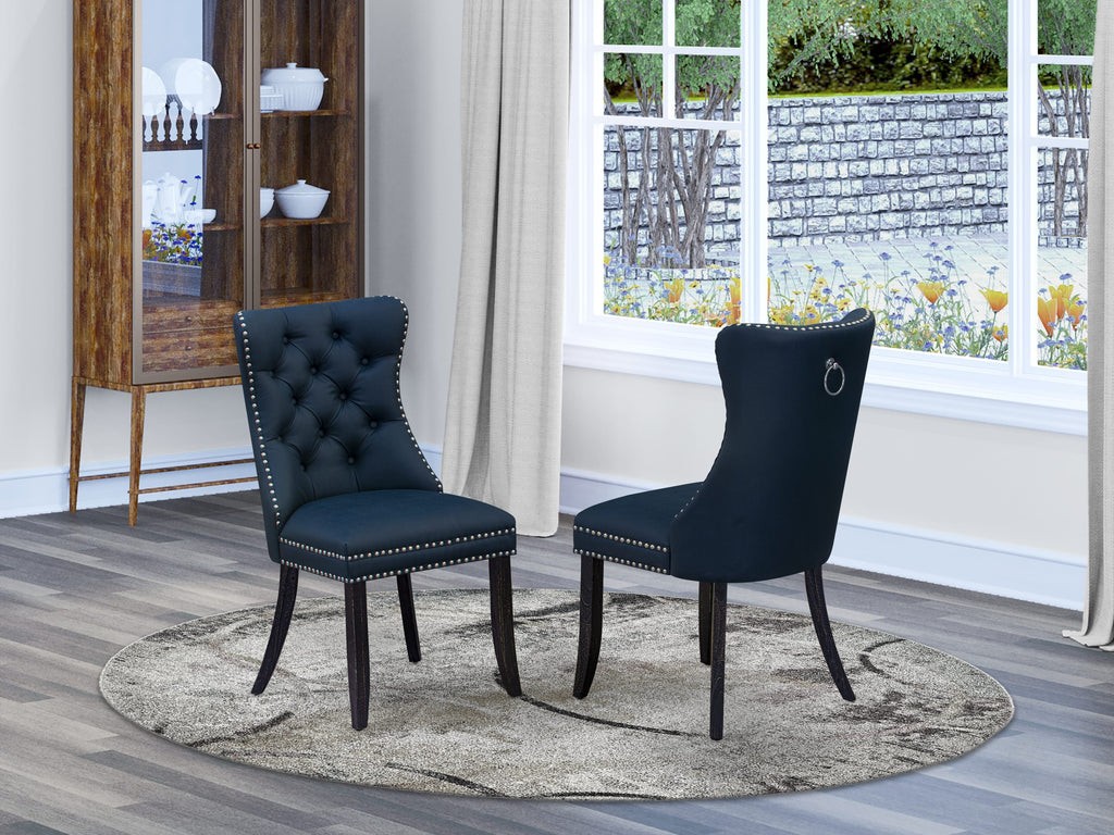 East West Furniture DAPFF29 Dallas Parson Kitchen Chairs - Button Tufted Nailhead Trim Navy Blue faux Leather Padded Dining Chairs, Set of 2, Sand Blasted Black