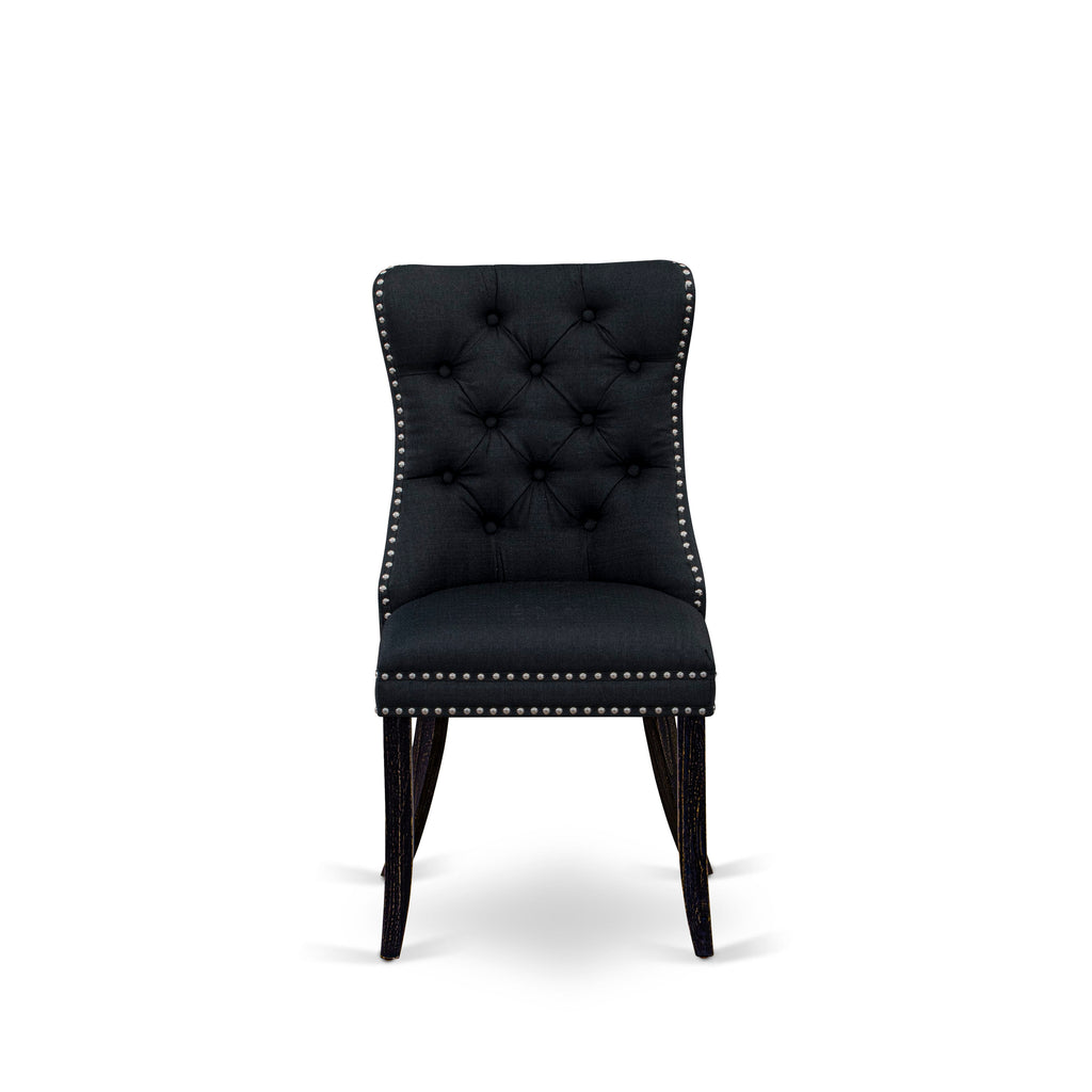 East West Furniture DAPFL24 Dallas Parson Chairs - Button Tufted Nailhead Trim Black Linen Fabric Padded Dining Chairs, Set of 2, Sand Blasted Black
