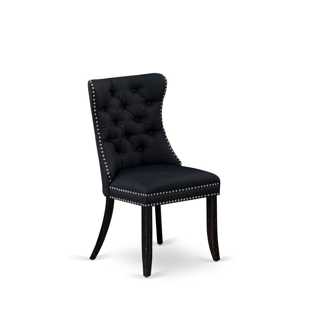 East West Furniture DAPFL24 Dallas Parson Chairs - Button Tufted Nailhead Trim Black Linen Fabric Padded Dining Chairs, Set of 2, Sand Blasted Black