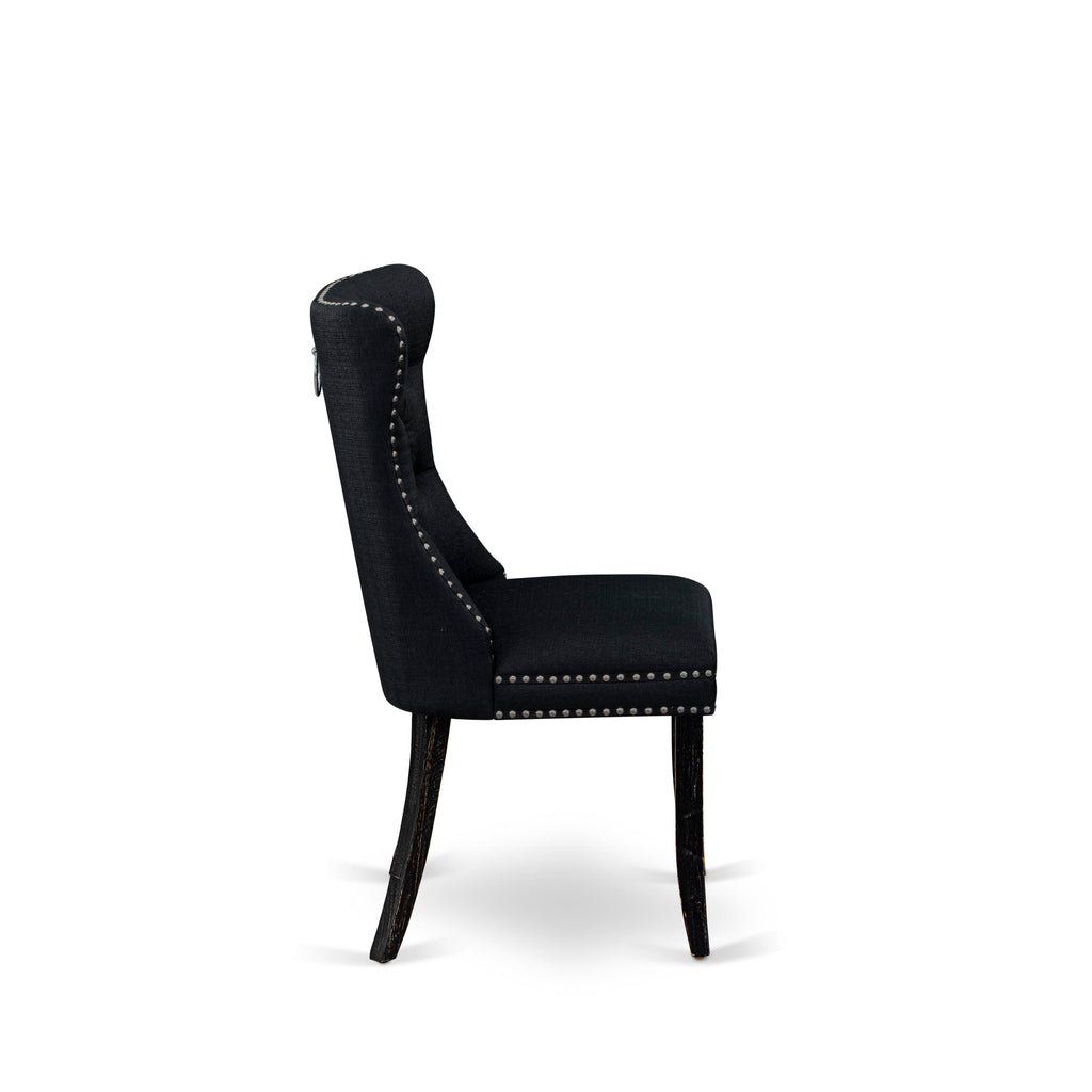 East West Furniture DAPFL24 Dallas Parson Chairs - Button Tufted Nailhead Trim Black Linen Fabric Padded Dining Chairs, Set of 2, Sand Blasted Black