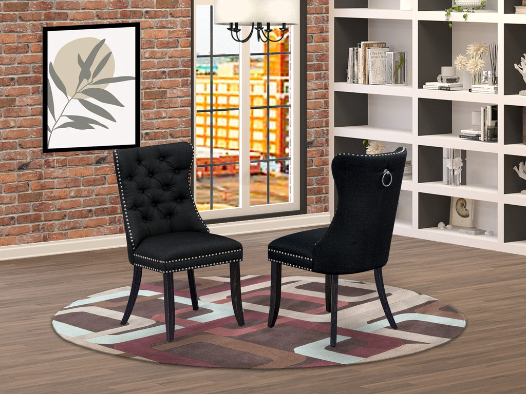 East West Furniture DAPFL24 Dallas Parson Chairs - Button Tufted Nailhead Trim Black Linen Fabric Padded Dining Chairs, Set of 2, Sand Blasted Black
