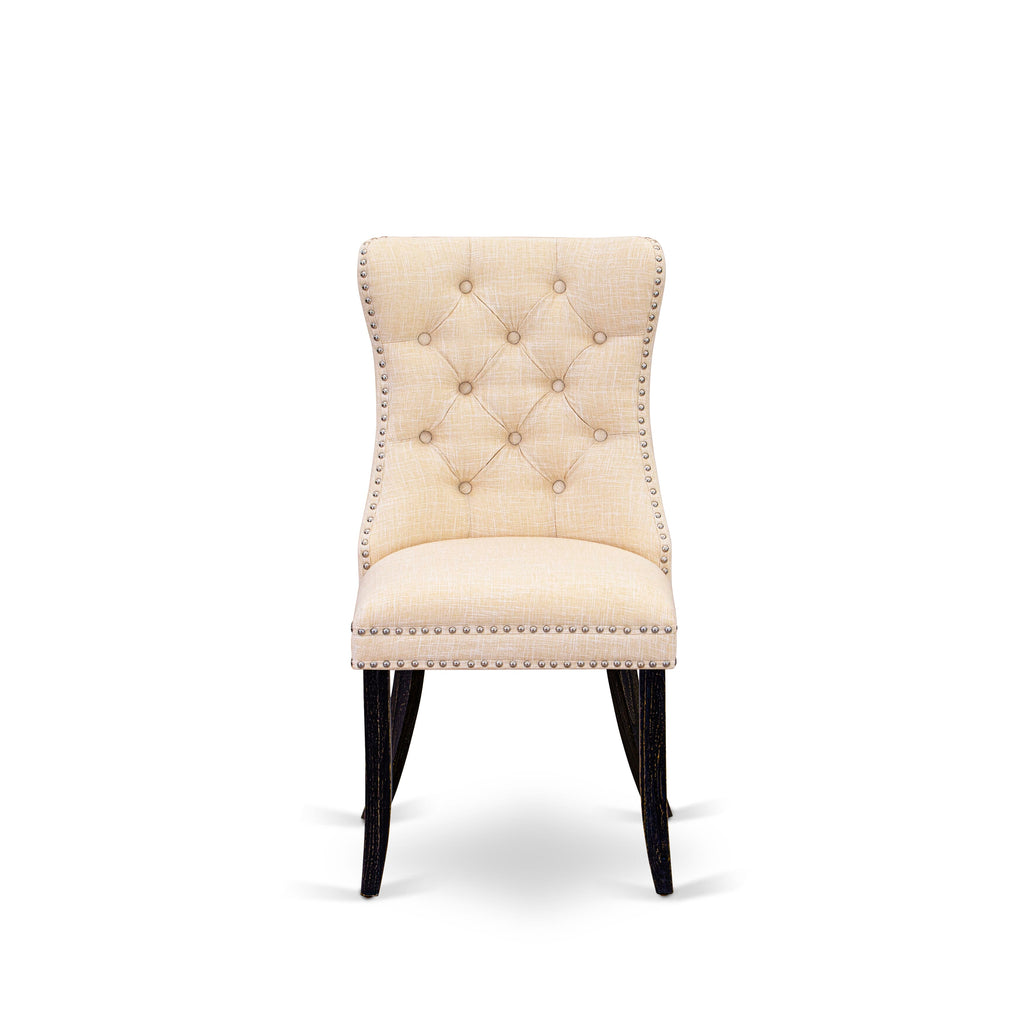 East West Furniture DAPFL32 Dallas Parson Dining Room Chairs - Button Tufted Nailhead Trim Light Beige Linen Fabric Padded Chairs, Set of 2, Sand Blasted Black