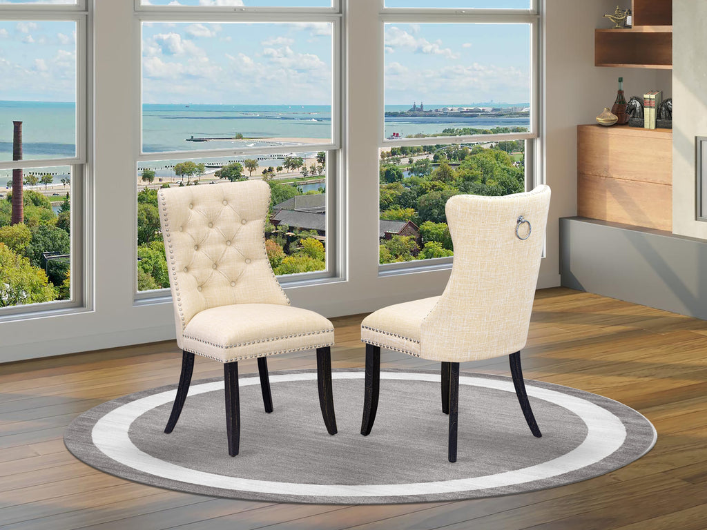 Luxe by East West Furniture NEDA9-SBB-32 - 9-piece dining table set consists of a dinner table and 8 Light Beige Linen Fabric dining chairs with Button Tufted Chair Back - Sand Blasting Black Finish.
