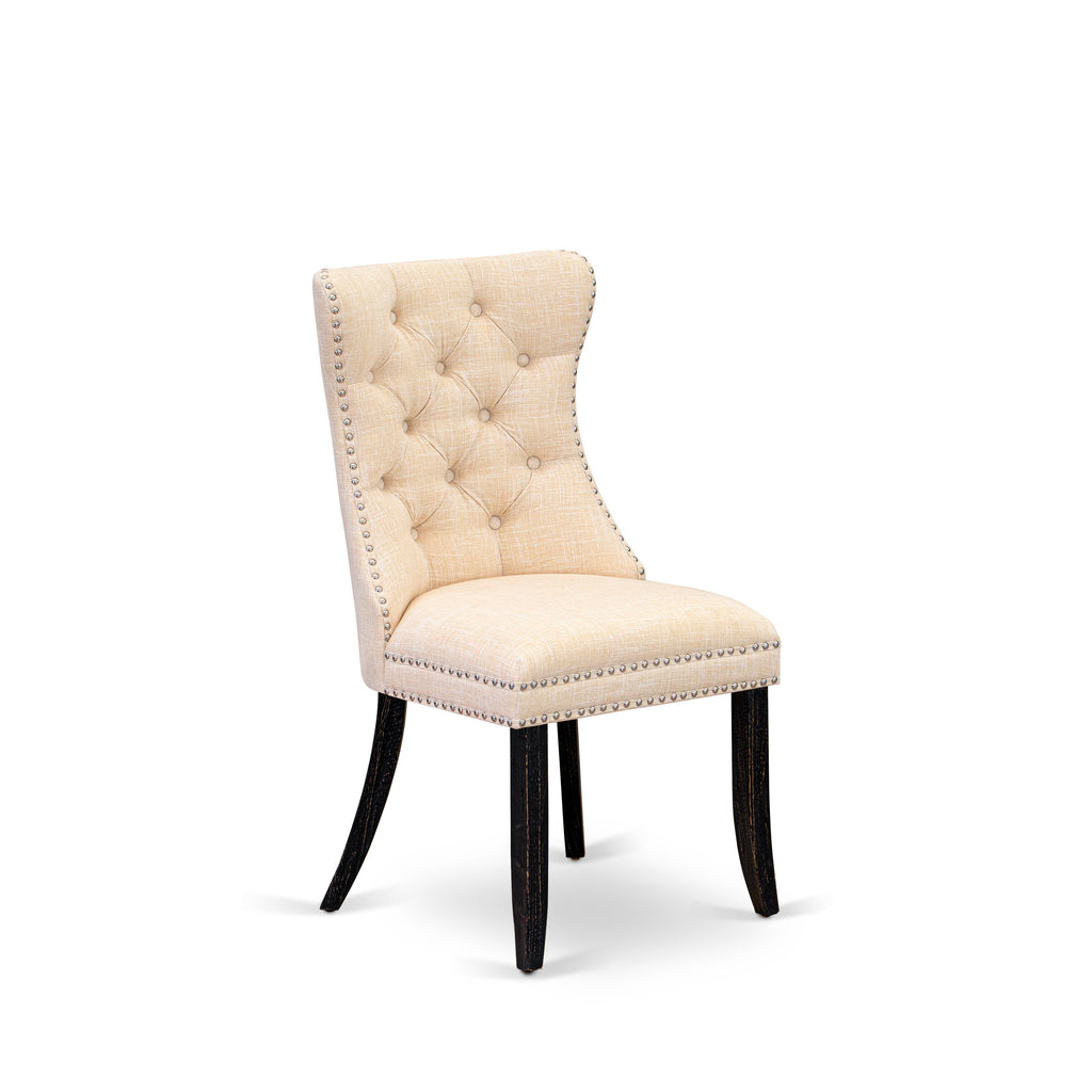East West Furniture DAPFL32 Dallas Parson Dining Room Chairs - Button Tufted Nailhead Trim Light Beige Linen Fabric Padded Chairs, Set of 2, Sand Blasted Black