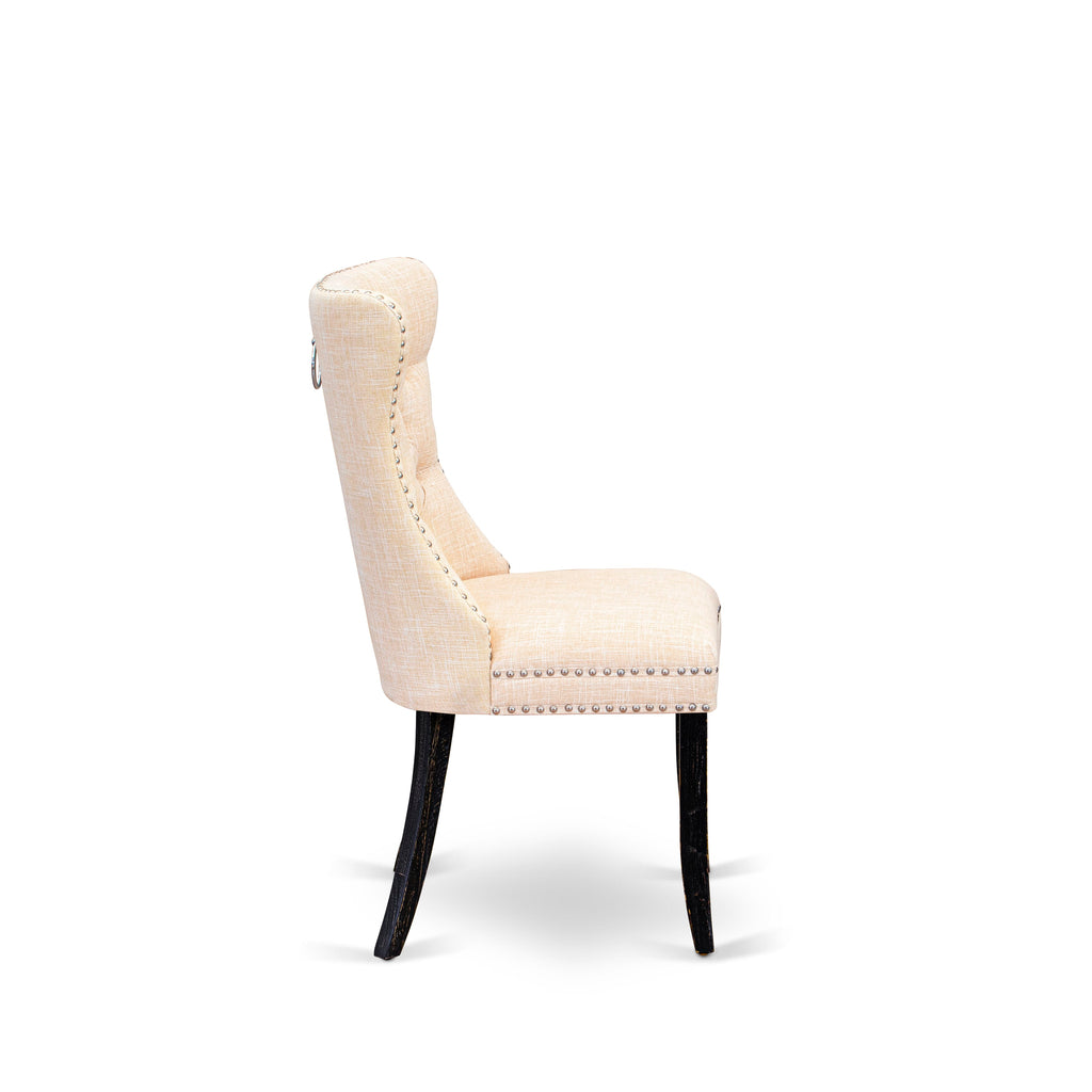 East West Furniture DAPFL32 Dallas Parson Dining Room Chairs - Button Tufted Nailhead Trim Light Beige Linen Fabric Padded Chairs, Set of 2, Sand Blasted Black