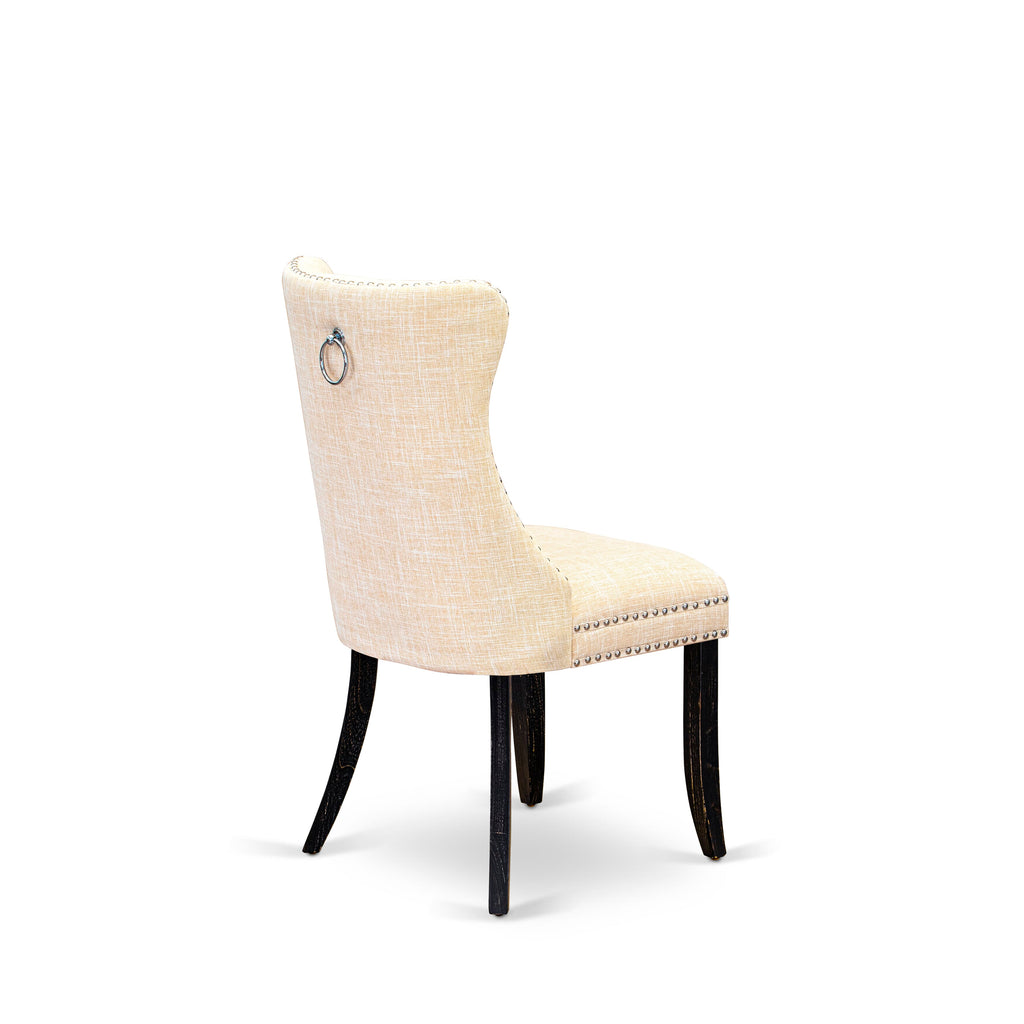East West Furniture DAPFL32 Dallas Parson Dining Room Chairs - Button Tufted Nailhead Trim Light Beige Linen Fabric Padded Chairs, Set of 2, Sand Blasted Black