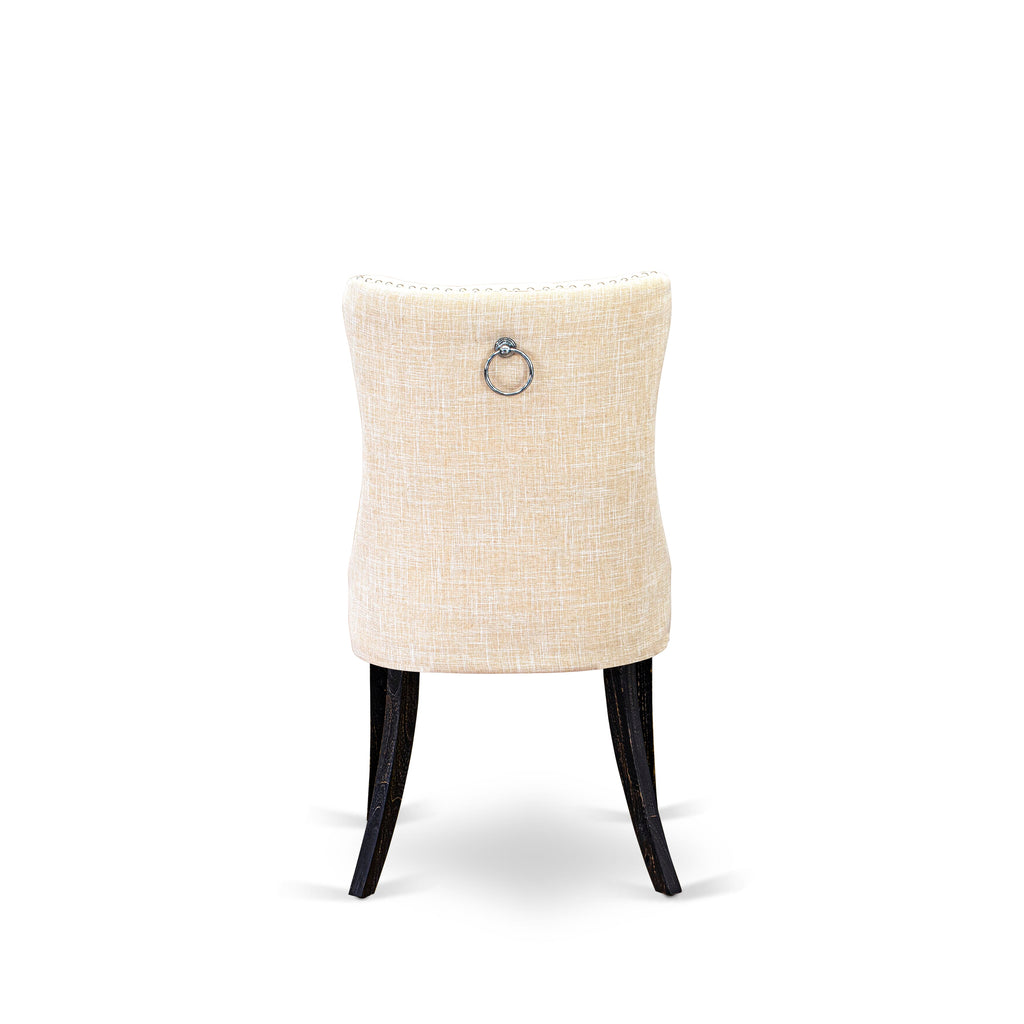 East West Furniture DAPFL32 Dallas Parson Dining Room Chairs - Button Tufted Nailhead Trim Light Beige Linen Fabric Padded Chairs, Set of 2, Sand Blasted Black
