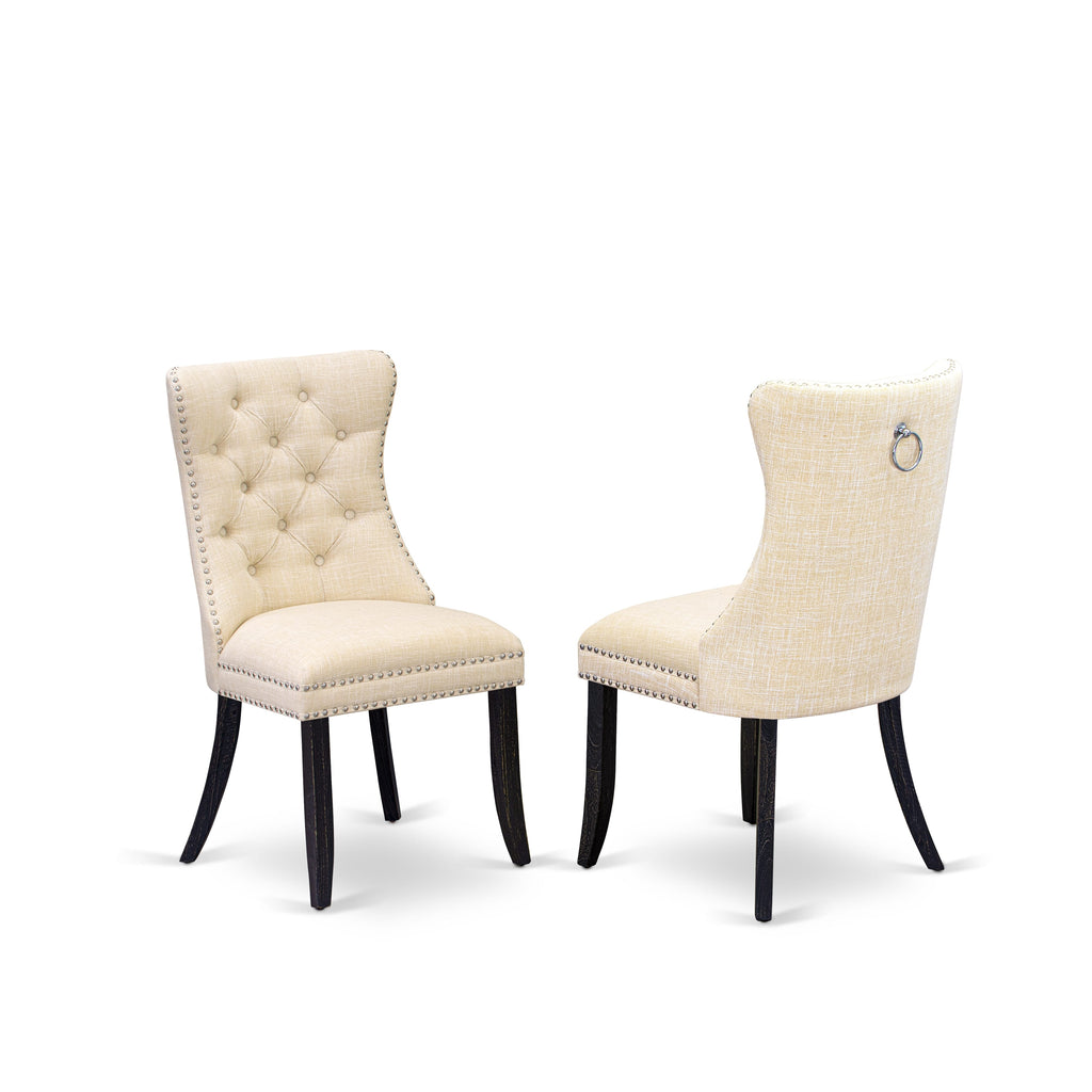 East West Furniture DAPFL32 Dallas Parson Dining Room Chairs - Button Tufted Nailhead Trim Light Beige Linen Fabric Padded Chairs, Set of 2, Sand Blasted Black