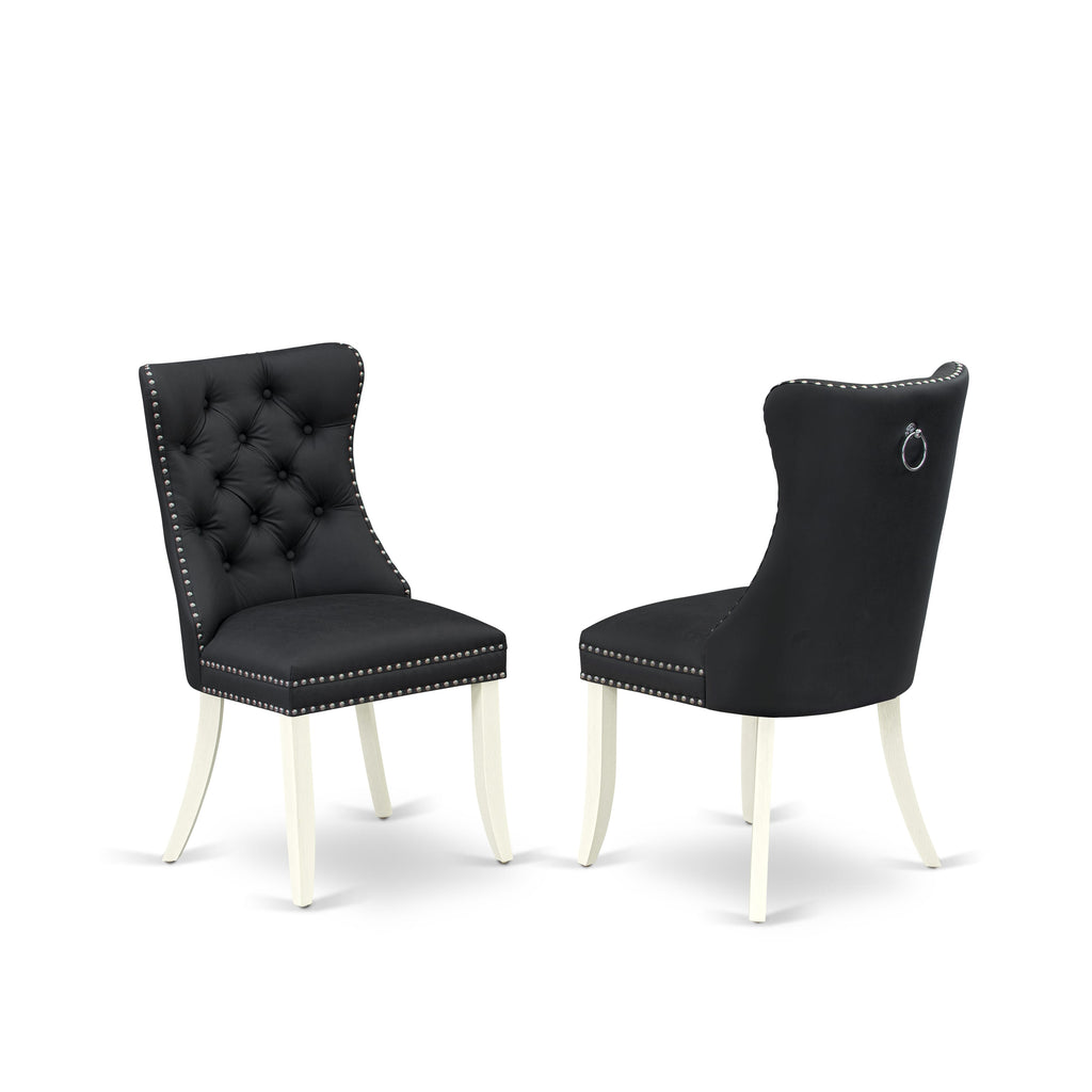 East West Furniture DAPHF12 Dallas Parson Dining Room Chairs - Button Tufted Nailhead Trim Dark Gray faux Leather Padded Chairs, Set of 2, Wirebrushed Bright Linen white