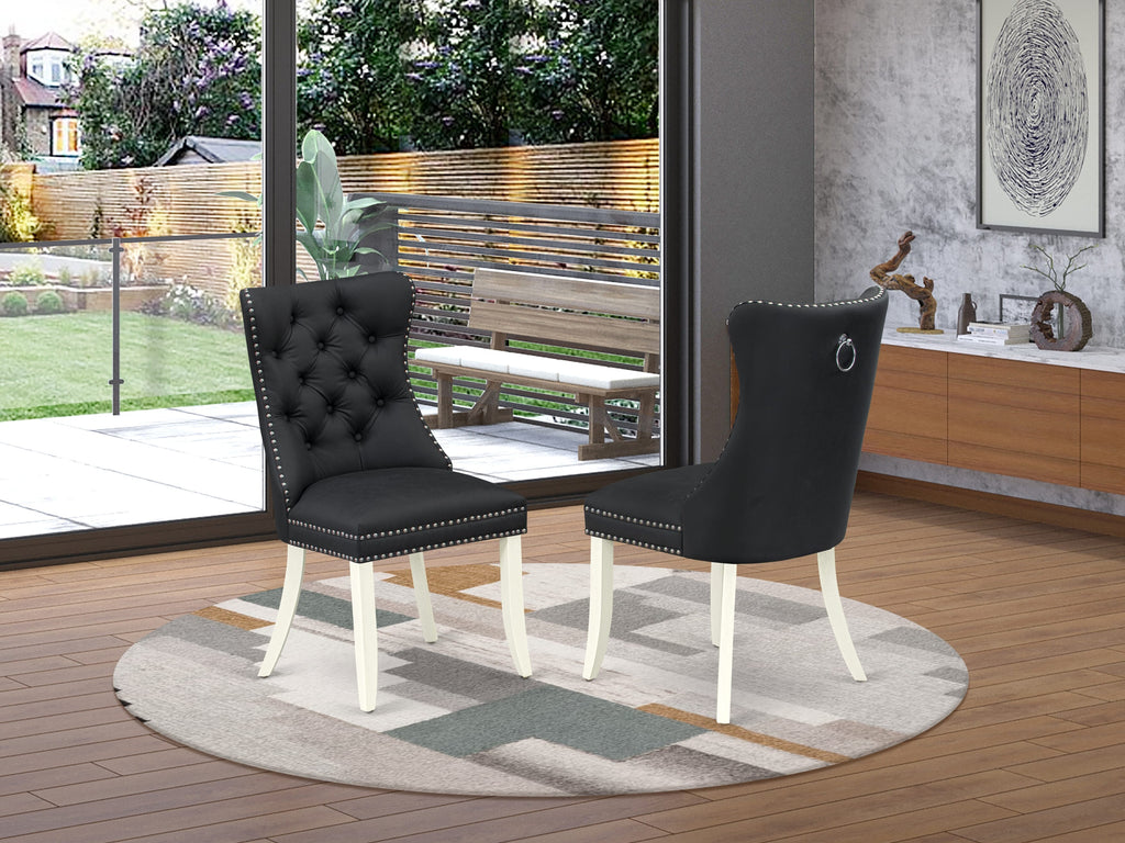 East West Furniture DAPHF12 Dallas Parson Dining Room Chairs - Button Tufted Nailhead Trim Dark Gray faux Leather Padded Chairs, Set of 2, Wirebrushed Bright Linen white