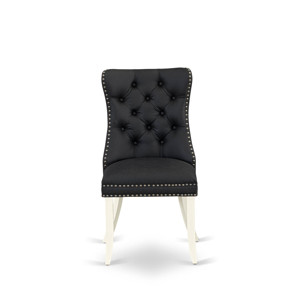 East West Furniture DAPHF12 Dallas Parson Dining Room Chairs - Button Tufted Nailhead Trim Dark Gray faux Leather Padded Chairs, Set of 2, Wirebrushed Bright Linen white