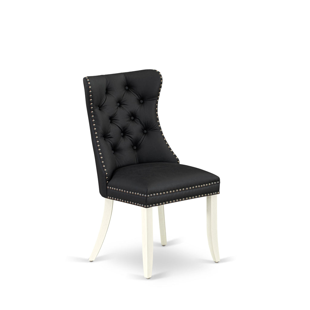 East West Furniture DAPHF12 Dallas Parson Dining Room Chairs - Button Tufted Nailhead Trim Dark Gray faux Leather Padded Chairs, Set of 2, Wirebrushed Bright Linen white