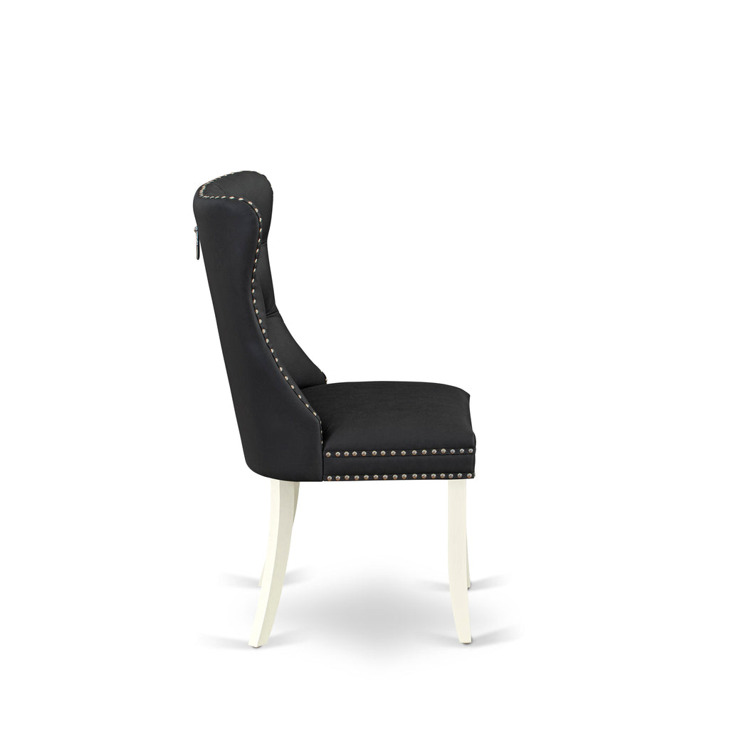 East West Furniture DAPHF12 Dallas Parson Dining Room Chairs - Button Tufted Nailhead Trim Dark Gray faux Leather Padded Chairs, Set of 2, Wirebrushed Bright Linen white