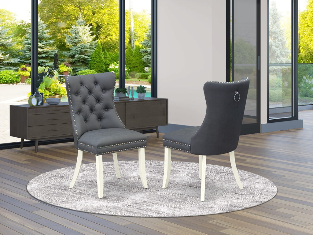 East West Furniture DAPHF13 Dallas Parson Dining Chairs - Button Tufted Nailhead Trim Platinum Gray faux Leather Upholstered Chairs, Set of 2, Wirebrushed Bright Linen white