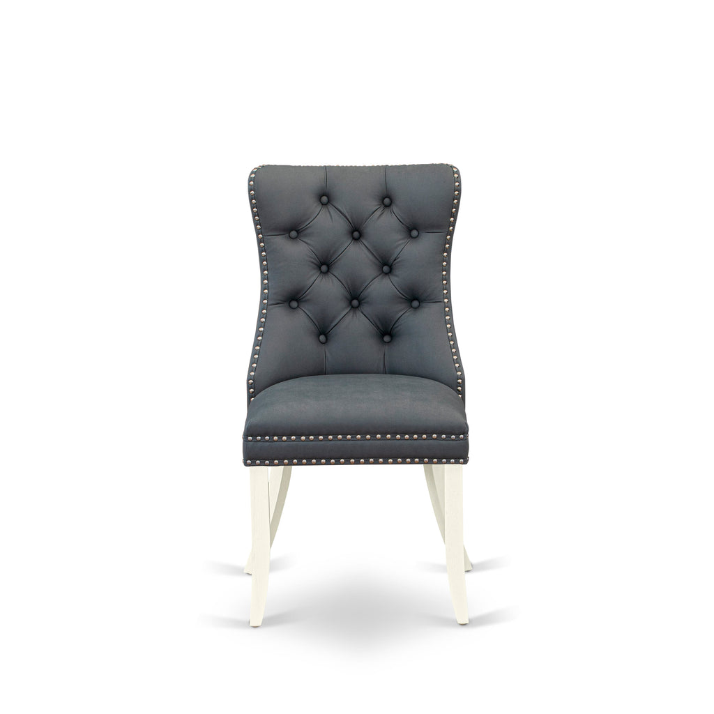East West Furniture DAPHF13 Dallas Parson Dining Chairs - Button Tufted Nailhead Trim Platinum Gray faux Leather Upholstered Chairs, Set of 2, Wirebrushed Bright Linen white