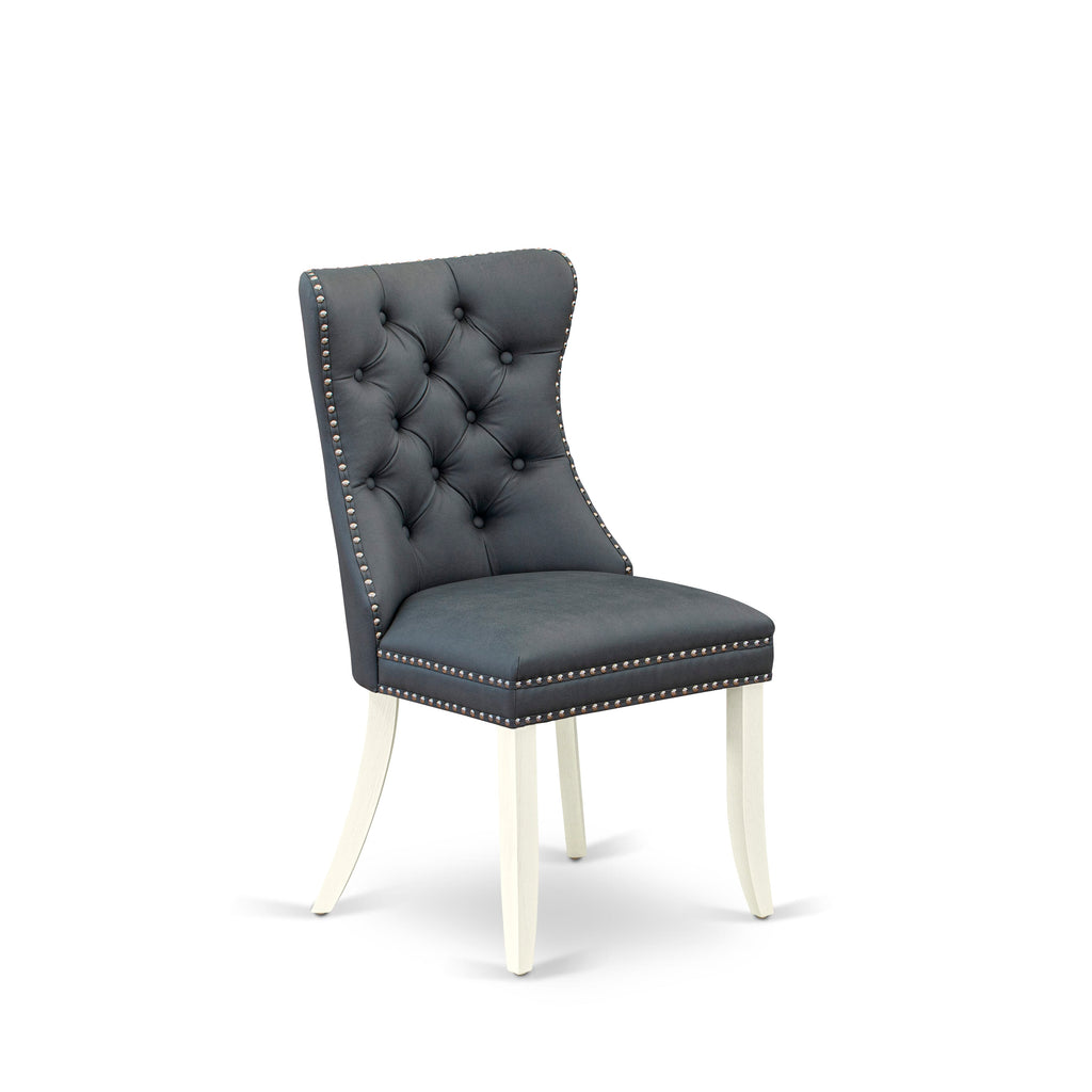 East West Furniture DAPHF13 Dallas Parson Dining Chairs - Button Tufted Nailhead Trim Platinum Gray faux Leather Upholstered Chairs, Set of 2, Wirebrushed Bright Linen white