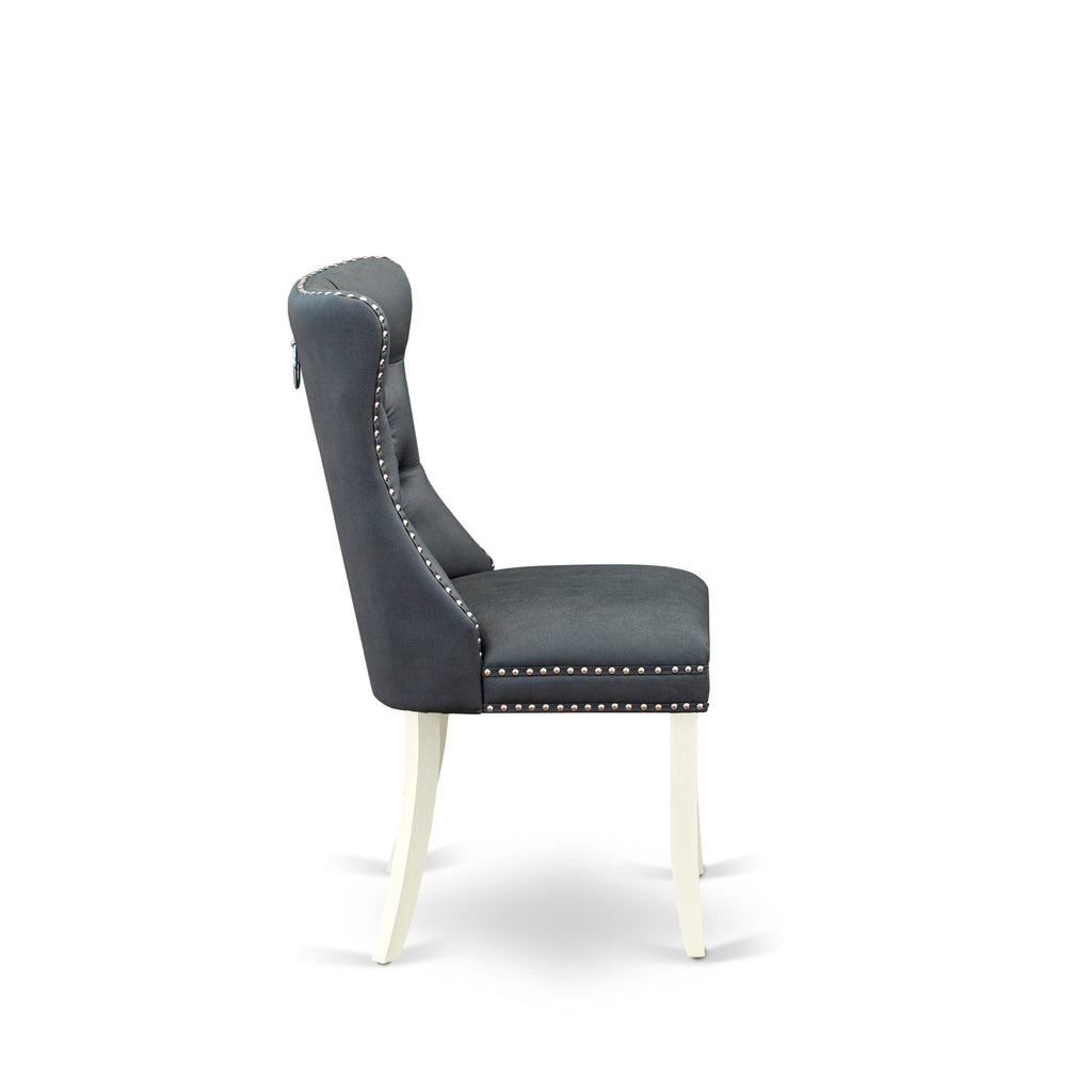 East West Furniture DAPHF13 Dallas Parson Dining Chairs - Button Tufted Nailhead Trim Platinum Gray faux Leather Upholstered Chairs, Set of 2, Wirebrushed Bright Linen white