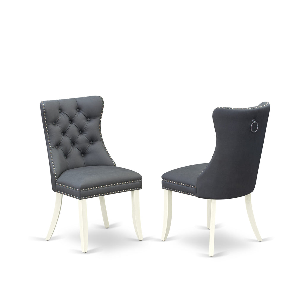 East West Furniture DAPHF13 Dallas Parson Dining Chairs - Button Tufted Nailhead Trim Platinum Gray faux Leather Upholstered Chairs, Set of 2, Wirebrushed Bright Linen white