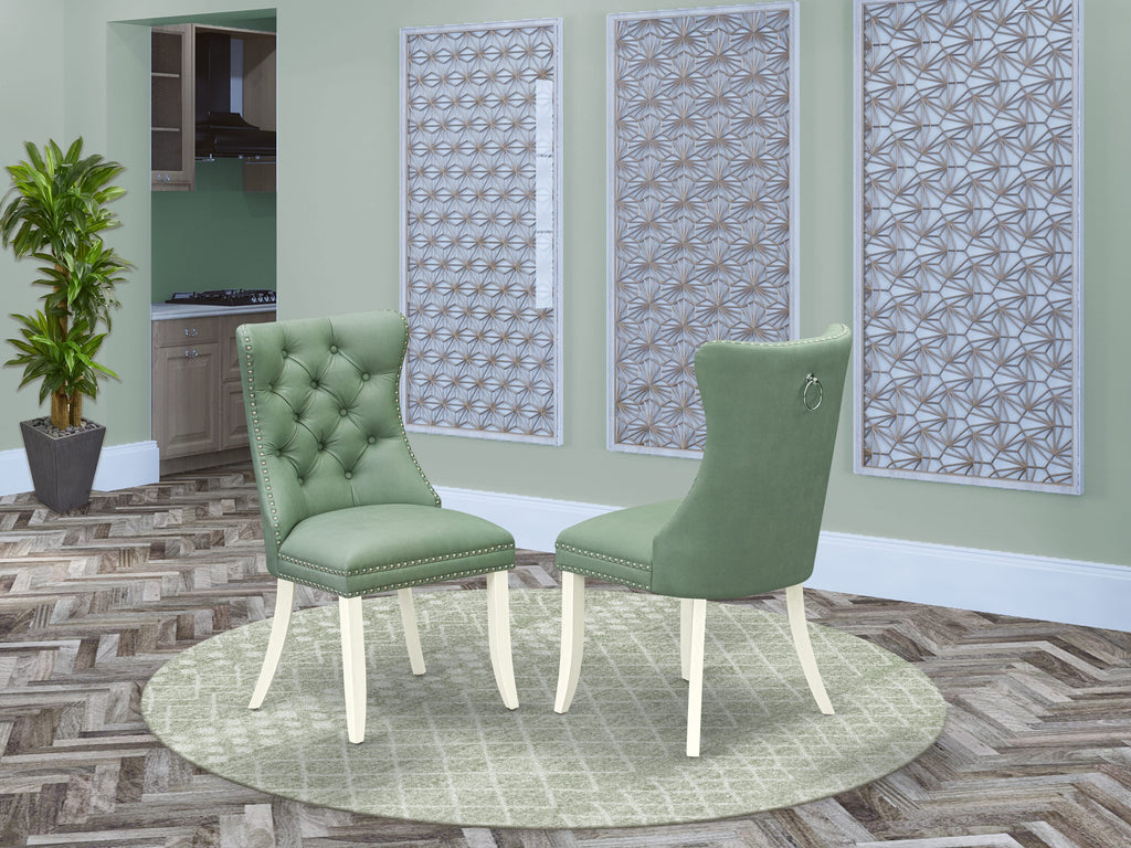 East West Furniture DAPHF22 Dallas Parson Dining Room Chairs - Button Tufted Nailhead Trim Willow Green faux Leather Padded Chairs, Set of 2, Wirebrushed Bright Linen white