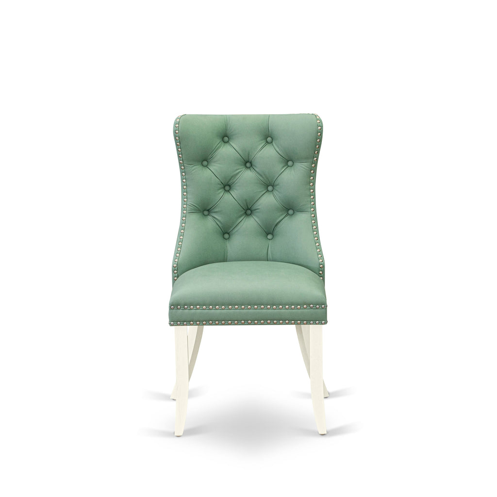 East West Furniture DAPHF22 Dallas Parson Dining Room Chairs - Button Tufted Nailhead Trim Willow Green faux Leather Padded Chairs, Set of 2, Wirebrushed Bright Linen white