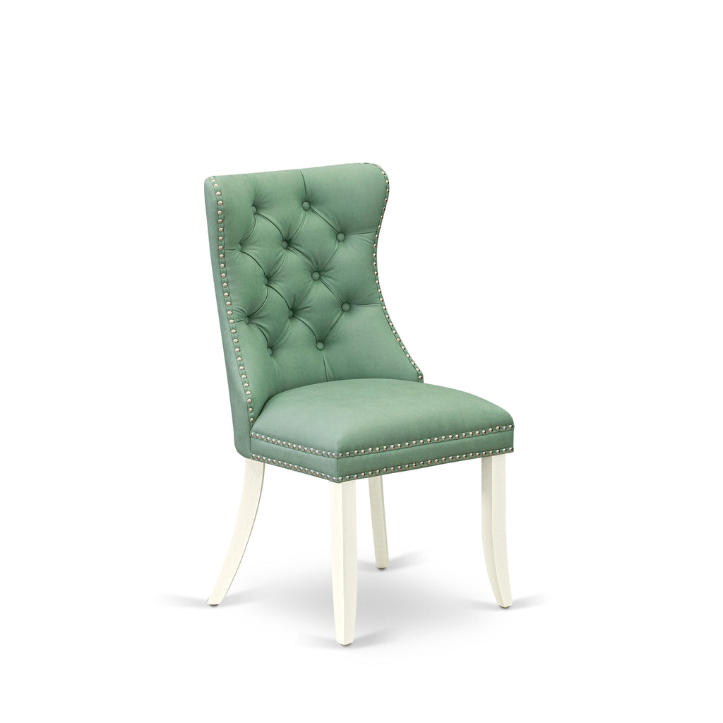East West Furniture DAPHF22 Dallas Parson Dining Room Chairs - Button Tufted Nailhead Trim Willow Green faux Leather Padded Chairs, Set of 2, Wirebrushed Bright Linen white