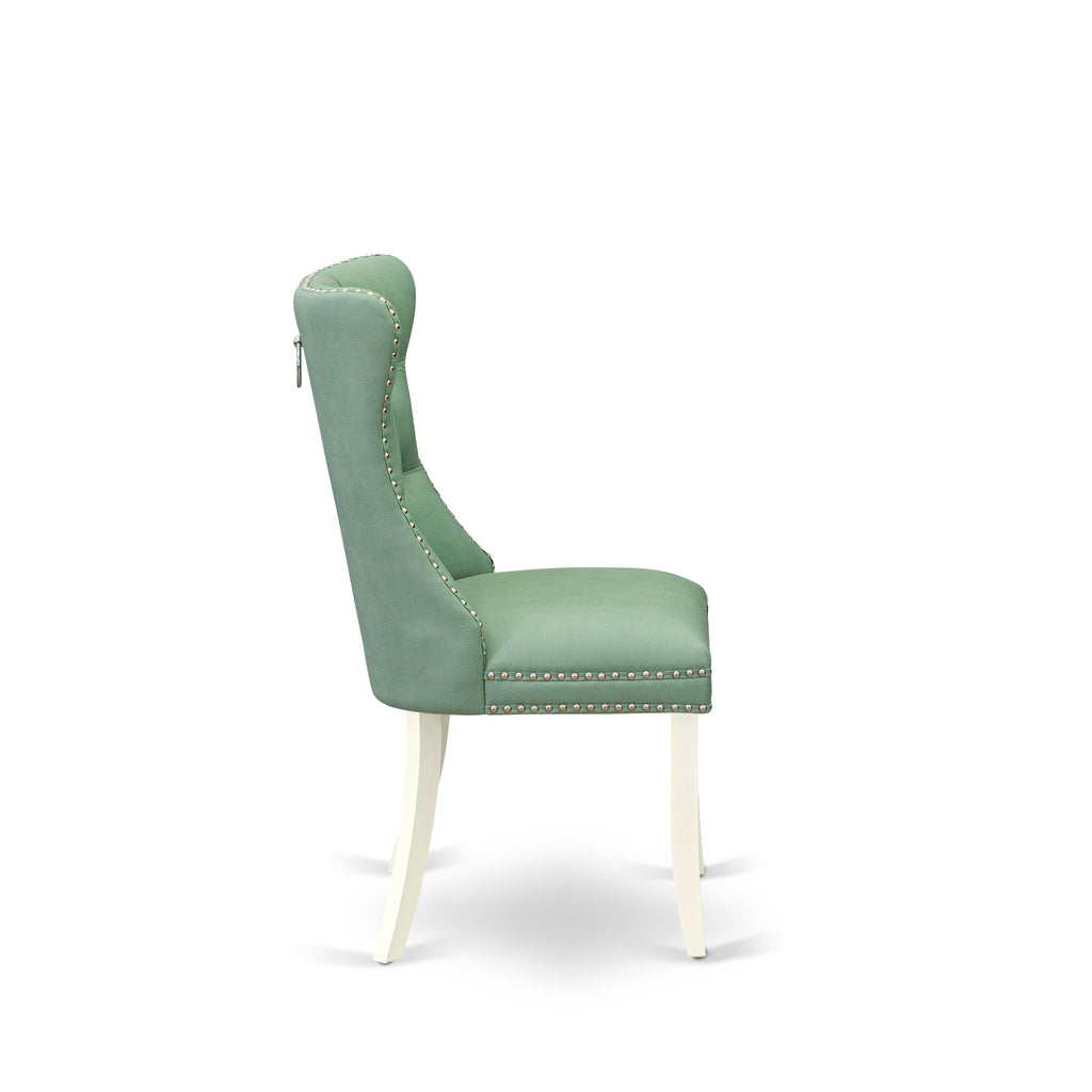 East West Furniture DAPHF22 Dallas Parson Dining Room Chairs - Button Tufted Nailhead Trim Willow Green faux Leather Padded Chairs, Set of 2, Wirebrushed Bright Linen white