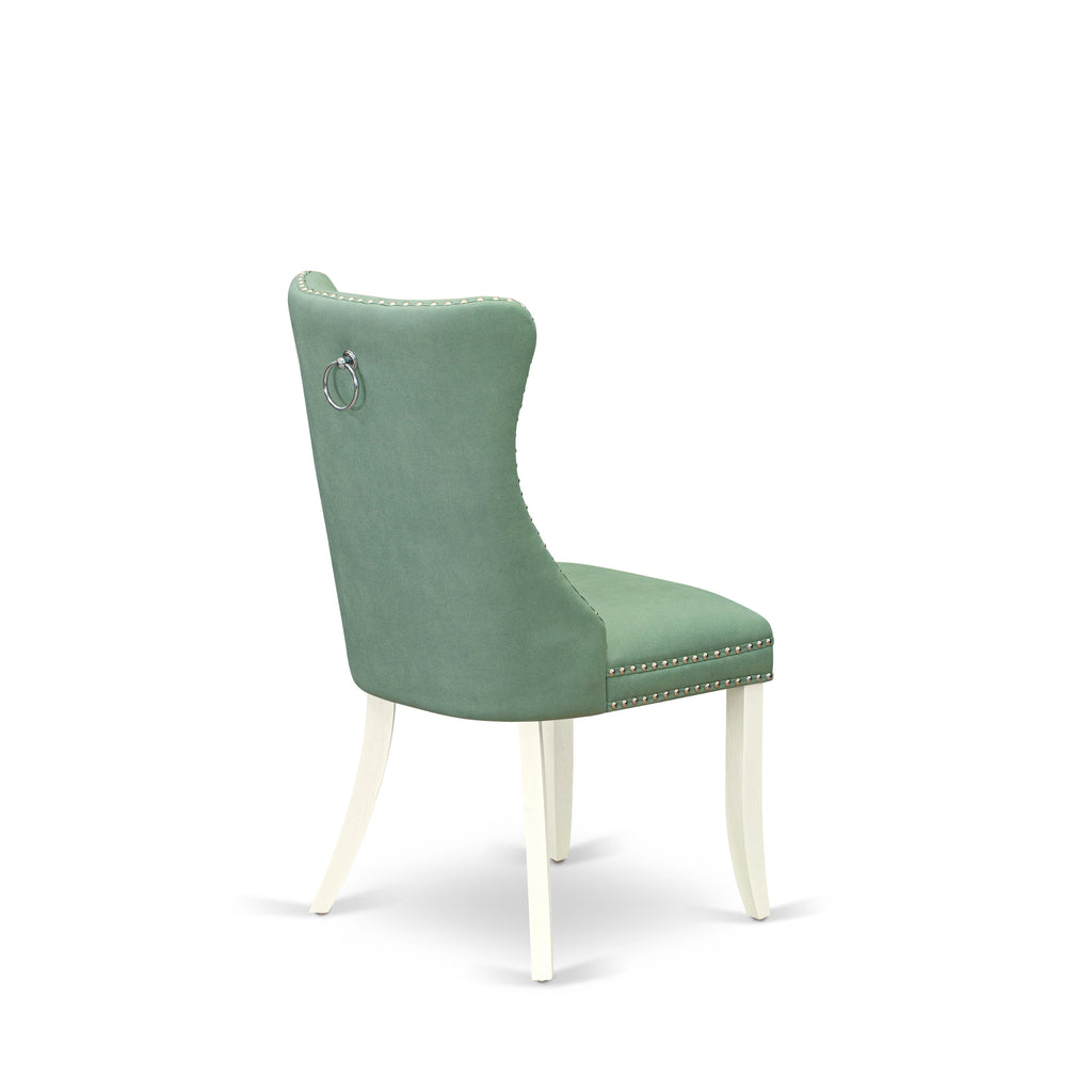 East West Furniture DAPHF22 Dallas Parson Dining Room Chairs - Button Tufted Nailhead Trim Willow Green faux Leather Padded Chairs, Set of 2, Wirebrushed Bright Linen white