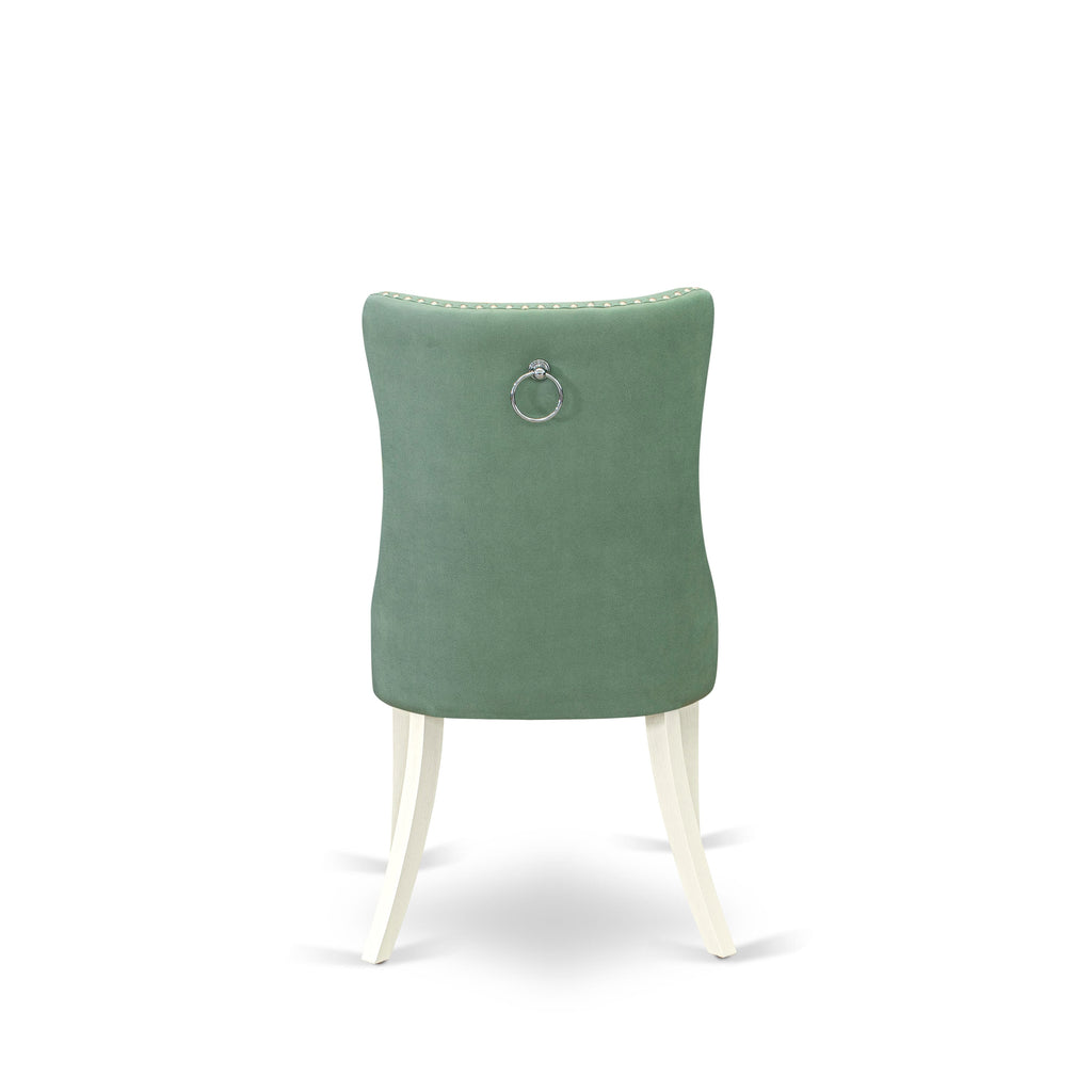 East West Furniture DAPHF22 Dallas Parson Dining Room Chairs - Button Tufted Nailhead Trim Willow Green faux Leather Padded Chairs, Set of 2, Wirebrushed Bright Linen white