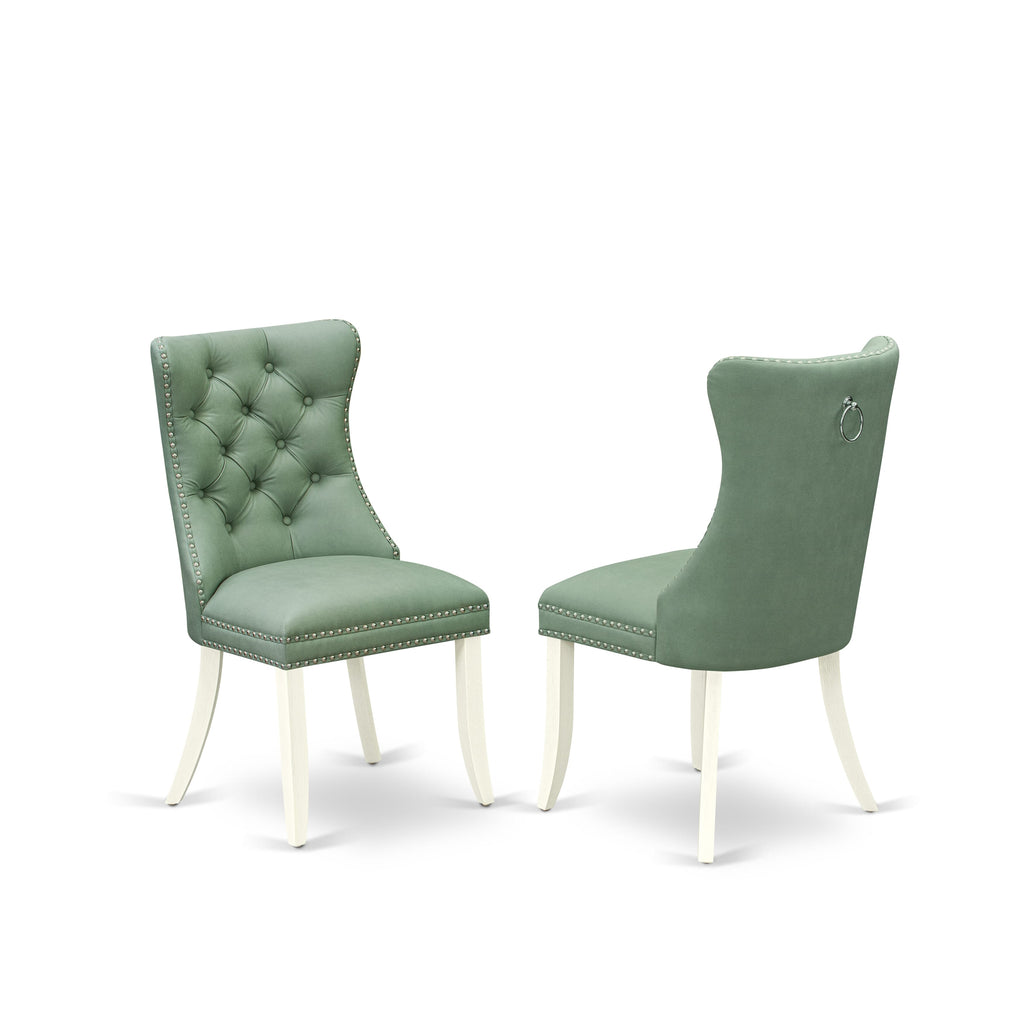 East West Furniture DAPHF22 Dallas Parson Dining Room Chairs - Button Tufted Nailhead Trim Willow Green faux Leather Padded Chairs, Set of 2, Wirebrushed Bright Linen white
