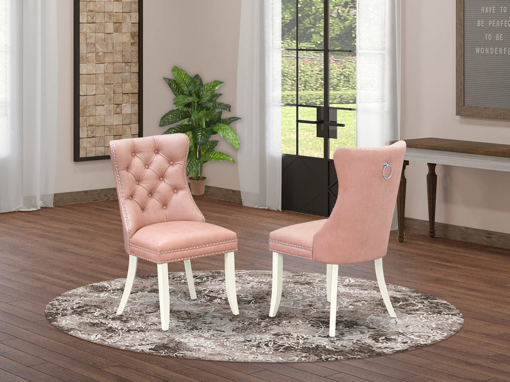 East West Furniture DAPHF23 Dallas Parson Kitchen Chairs - Button Tufted Nailhead Trim Beige Red faux Leather Upholstered Dining Chairs, Set of 2, Wirebrushed Bright Linen white