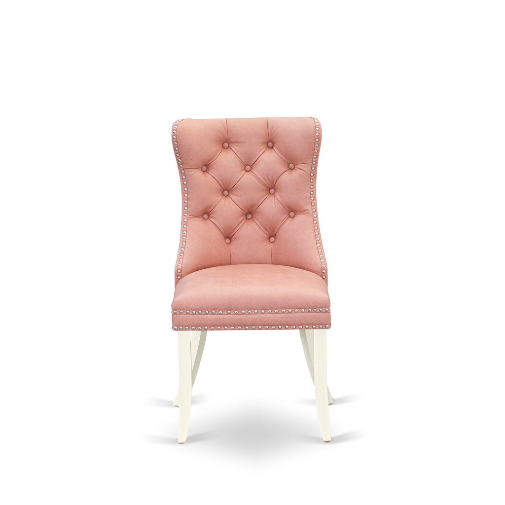 East West Furniture DAPHF23 Dallas Parson Kitchen Chairs - Button Tufted Nailhead Trim Beige Red faux Leather Upholstered Dining Chairs, Set of 2, Wirebrushed Bright Linen white
