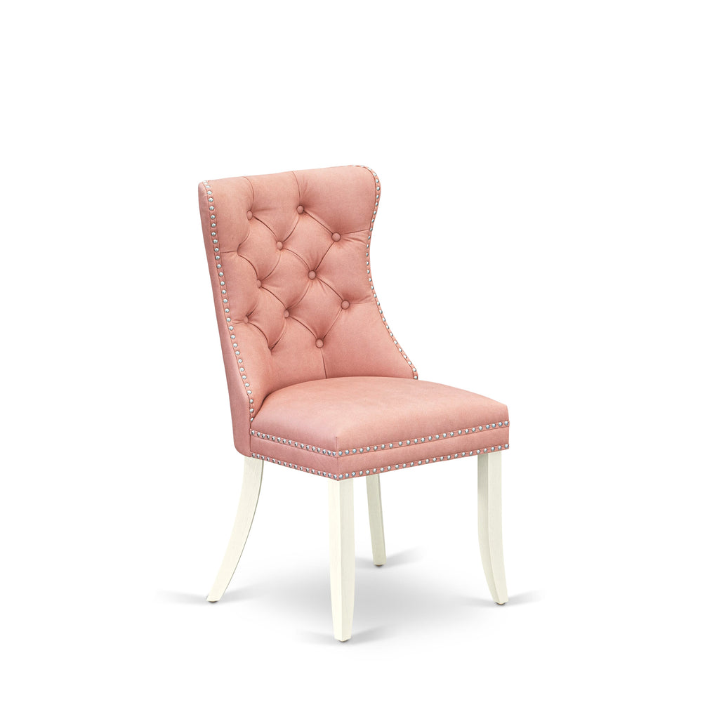East West Furniture DAPHF23 Dallas Parson Kitchen Chairs - Button Tufted Nailhead Trim Beige Red faux Leather Upholstered Dining Chairs, Set of 2, Wirebrushed Bright Linen white