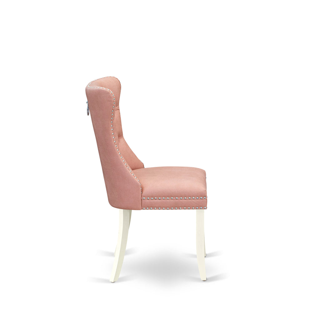 East West Furniture DAPHF23 Dallas Parson Kitchen Chairs - Button Tufted Nailhead Trim Beige Red faux Leather Upholstered Dining Chairs, Set of 2, Wirebrushed Bright Linen white