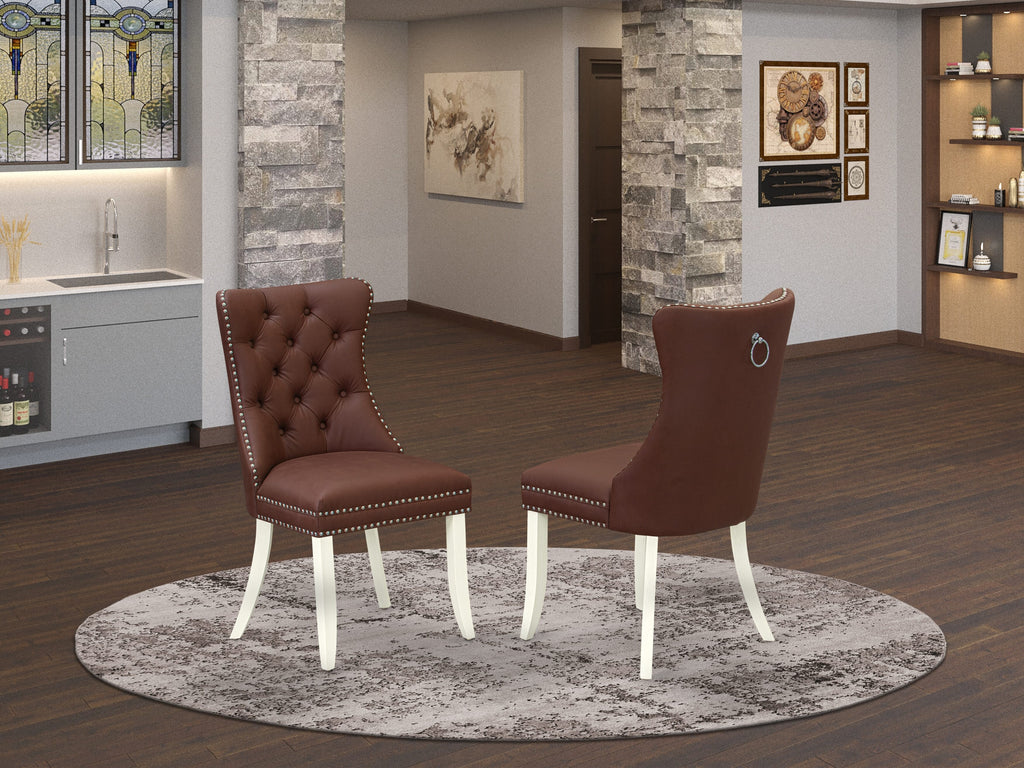 East West Furniture DAPHF26 Dallas Parsons Dining Chairs - Button Tufted Nailhead Trim Burgundy faux Leather Padded Chairs, Set of 2, Wirebrushed Bright Linen white