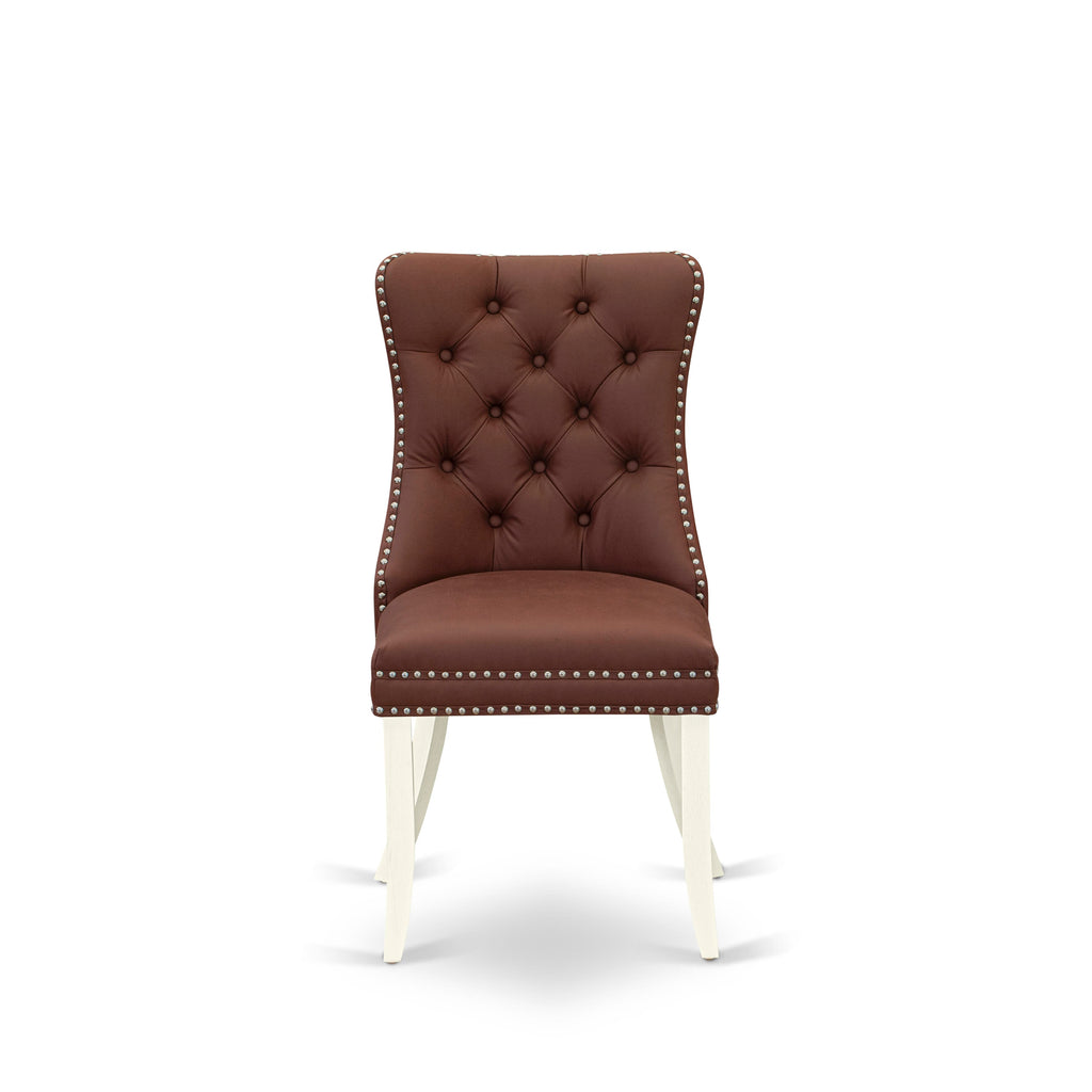 East West Furniture DAPHF26 Dallas Parsons Dining Chairs - Button Tufted Nailhead Trim Burgundy faux Leather Padded Chairs, Set of 2, Wirebrushed Bright Linen white