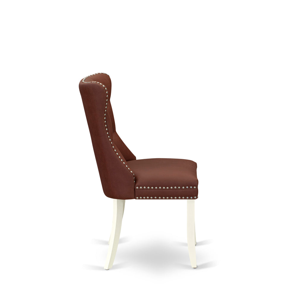 East West Furniture DAPHF26 Dallas Parsons Dining Chairs - Button Tufted Nailhead Trim Burgundy faux Leather Padded Chairs, Set of 2, Wirebrushed Bright Linen white