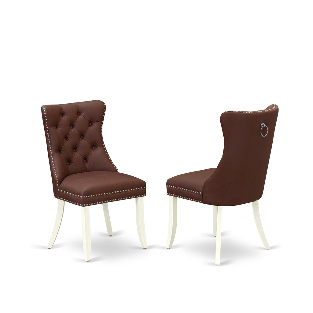East West Furniture DAPHF26 Dallas Parsons Dining Chairs - Button Tufted Nailhead Trim Burgundy faux Leather Padded Chairs, Set of 2, Wirebrushed Bright Linen white