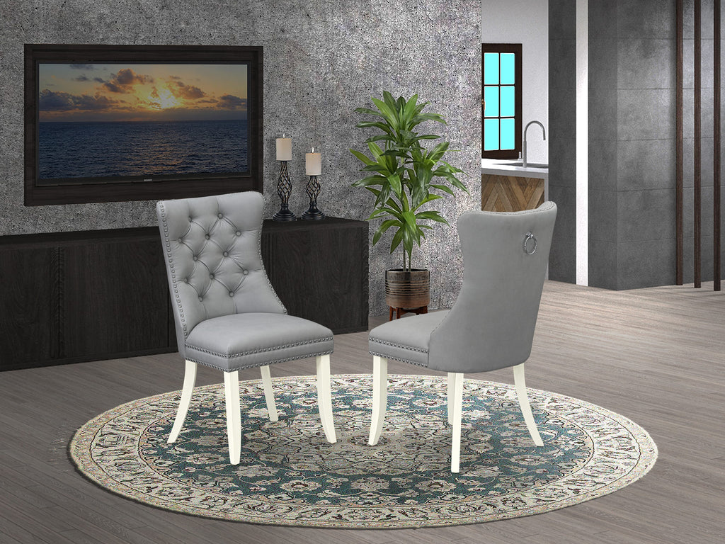 East West Furniture DAPHF27 Dallas Parson Dining Room Chairs - Button Tufted Nailhead Trim Light Gray faux Leather Upholstered Chairs, Set of 2, Wirebrushed Bright Linen white