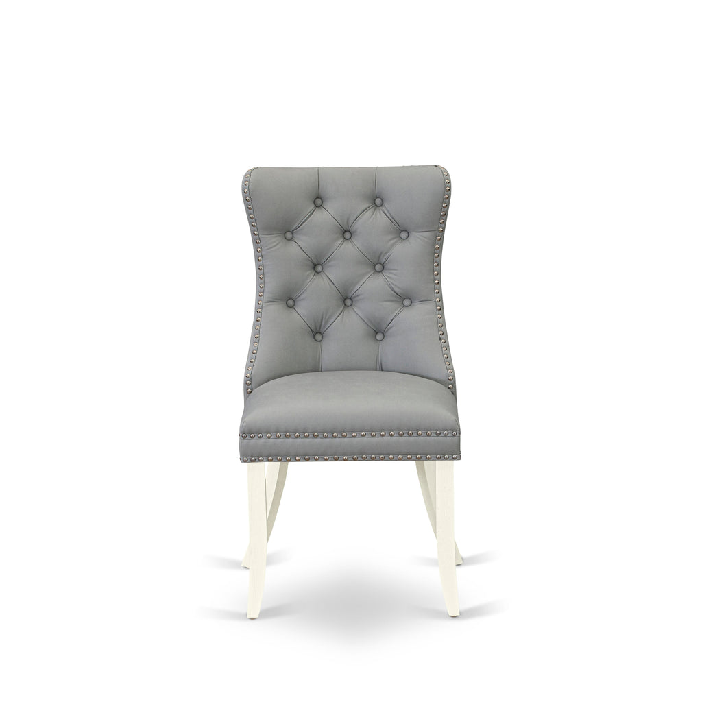 East West Furniture DAPHF27 Dallas Parson Dining Room Chairs - Button Tufted Nailhead Trim Light Gray faux Leather Upholstered Chairs, Set of 2, Wirebrushed Bright Linen white
